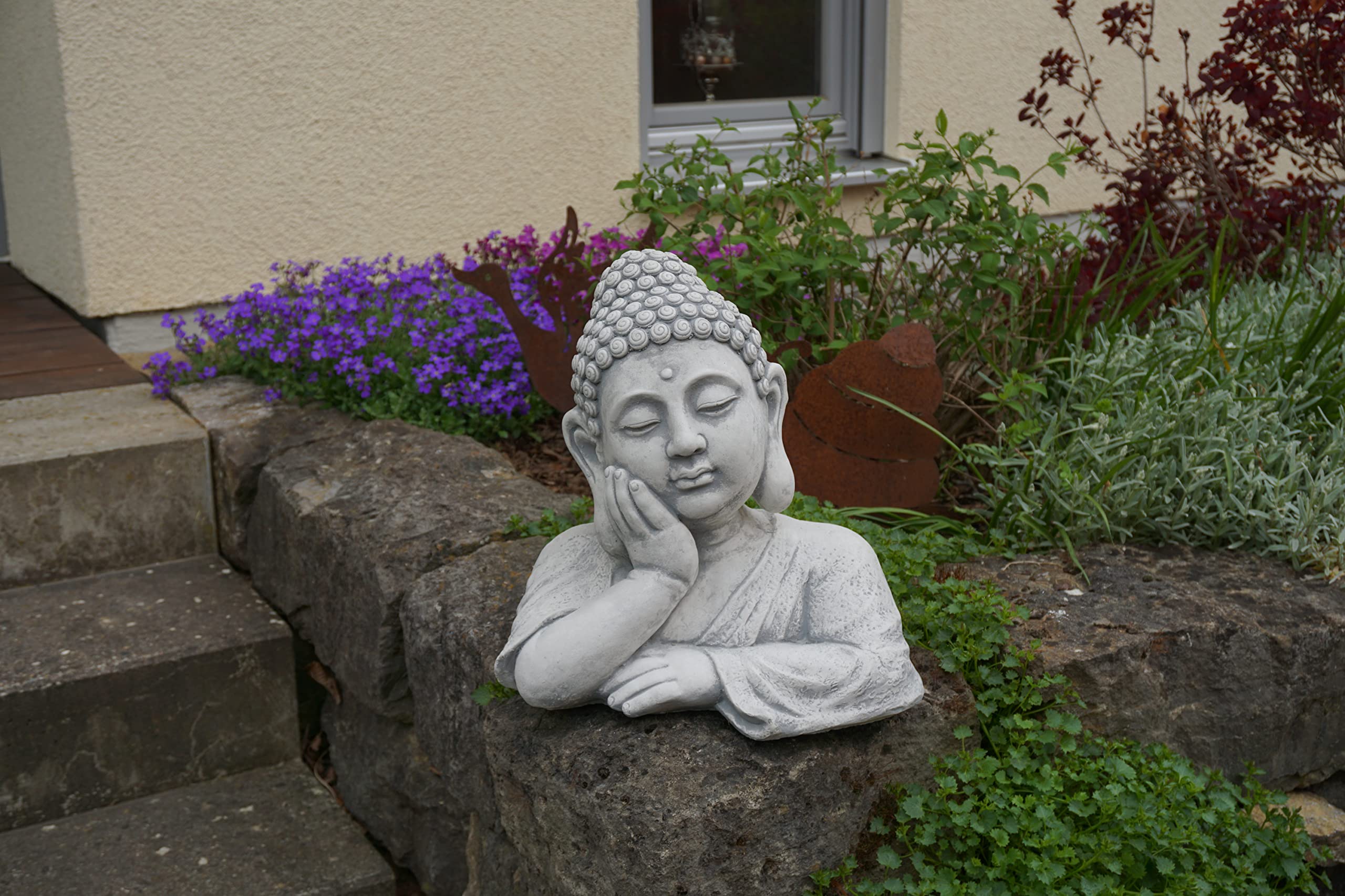 gartendekoparadies.de Buste de Bouddha imposant en pierre, H. 35 cm, 18 kg, gris, résistant au gel, en pierre coulée, pour l'extérieur