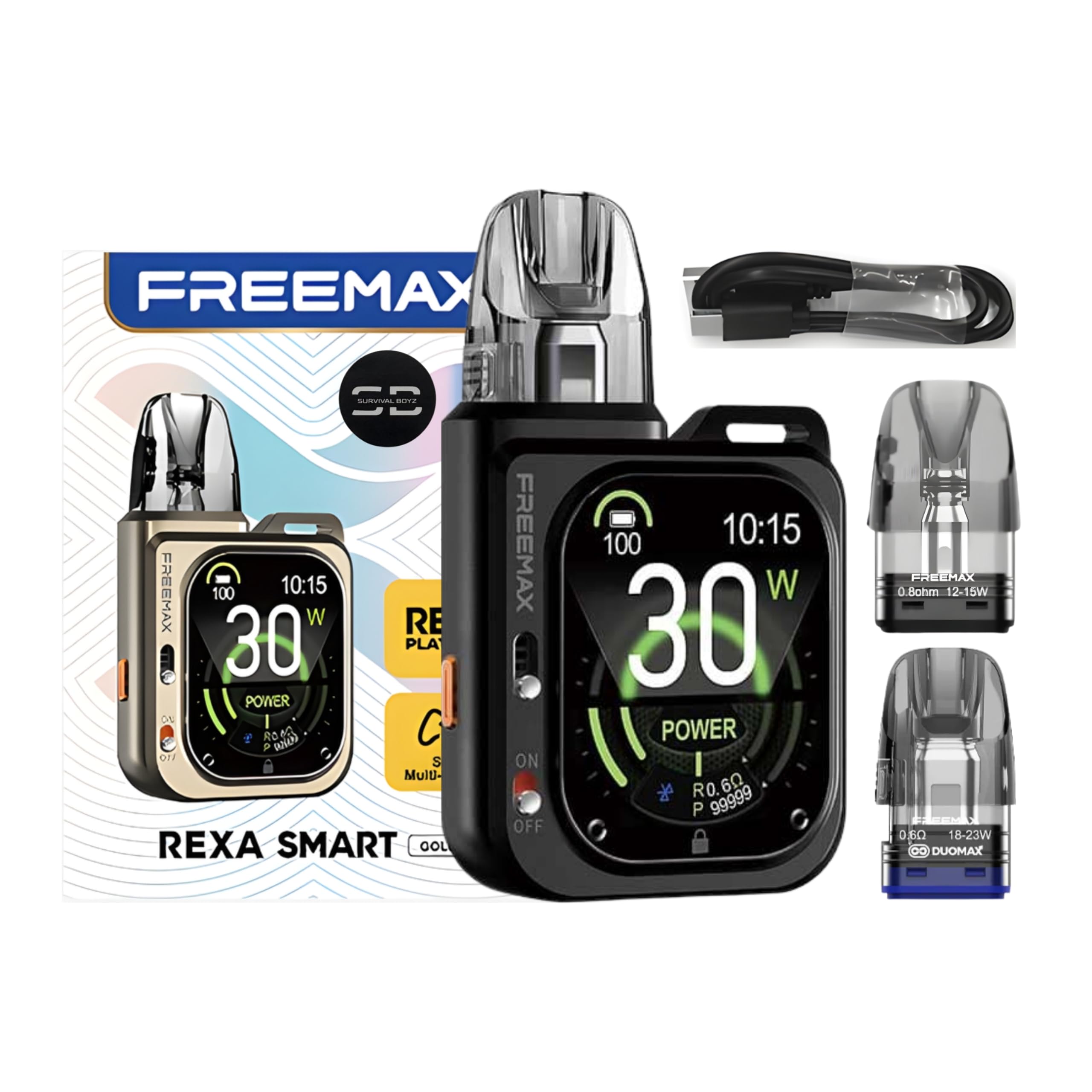 rexa smart vape Freemax Pod Kit [Black] - No Nicotine | Available in 6 colours - 2A Fast Charge, 1600mAh Battery, 30W, Nano Coating, 2.01