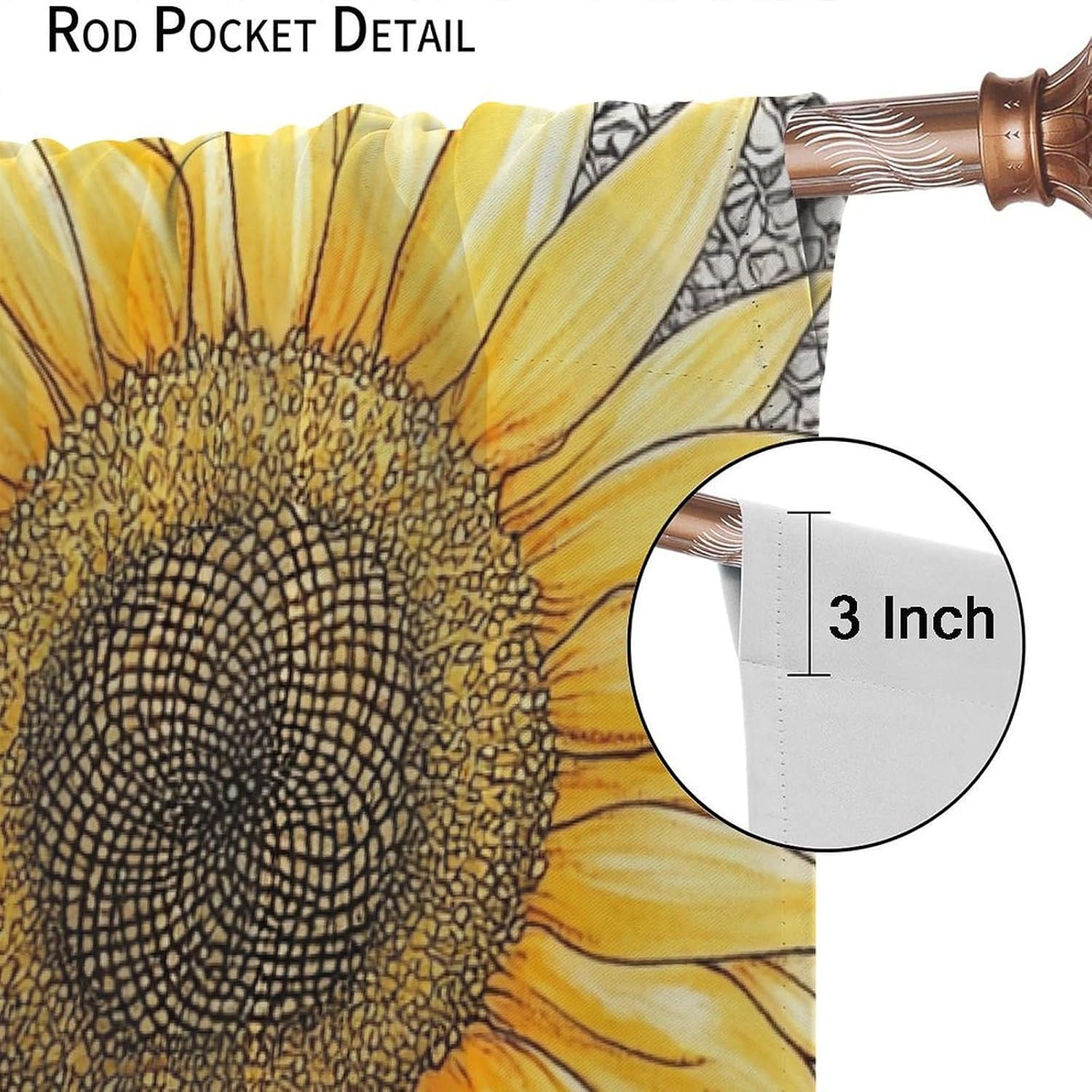 Bee Sunflower Nature Blackout Curtains, Farmhouse Sketch Plant Curtains Rod Pocket Thermal Insulated Window Drapes for Bedroom/Living Room, 21W x 45L, 2 Panels