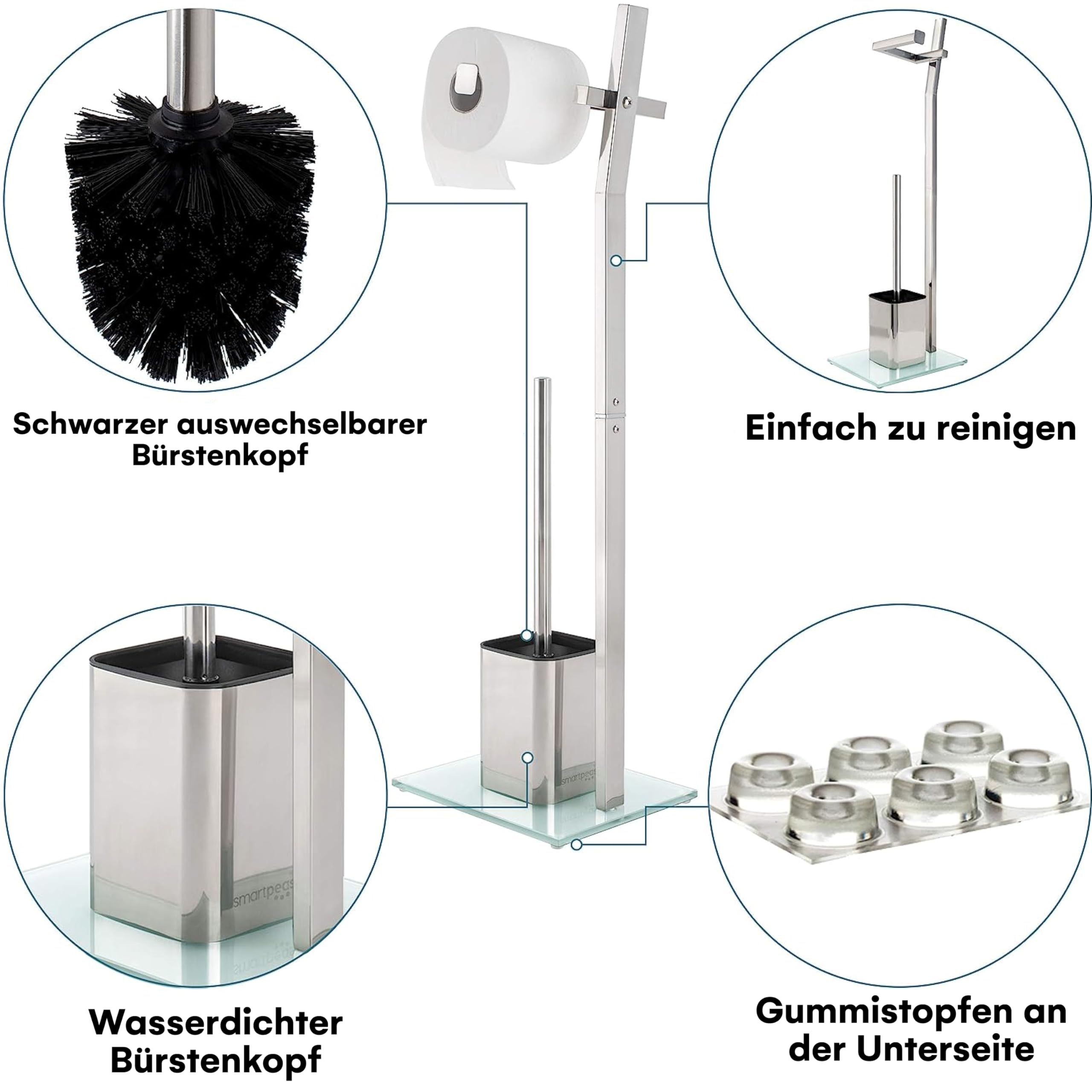 WC-Garnitur - 22 x 18 x 70 cm - Inklusive Klopapierhalter und Toilettenbürste - verchromter Edelstahl - schicker Standfuß aus Glas mit Klobürste - GRATIS: 2 Schwarze Klobürstenköpfe zum Austauschen - 4