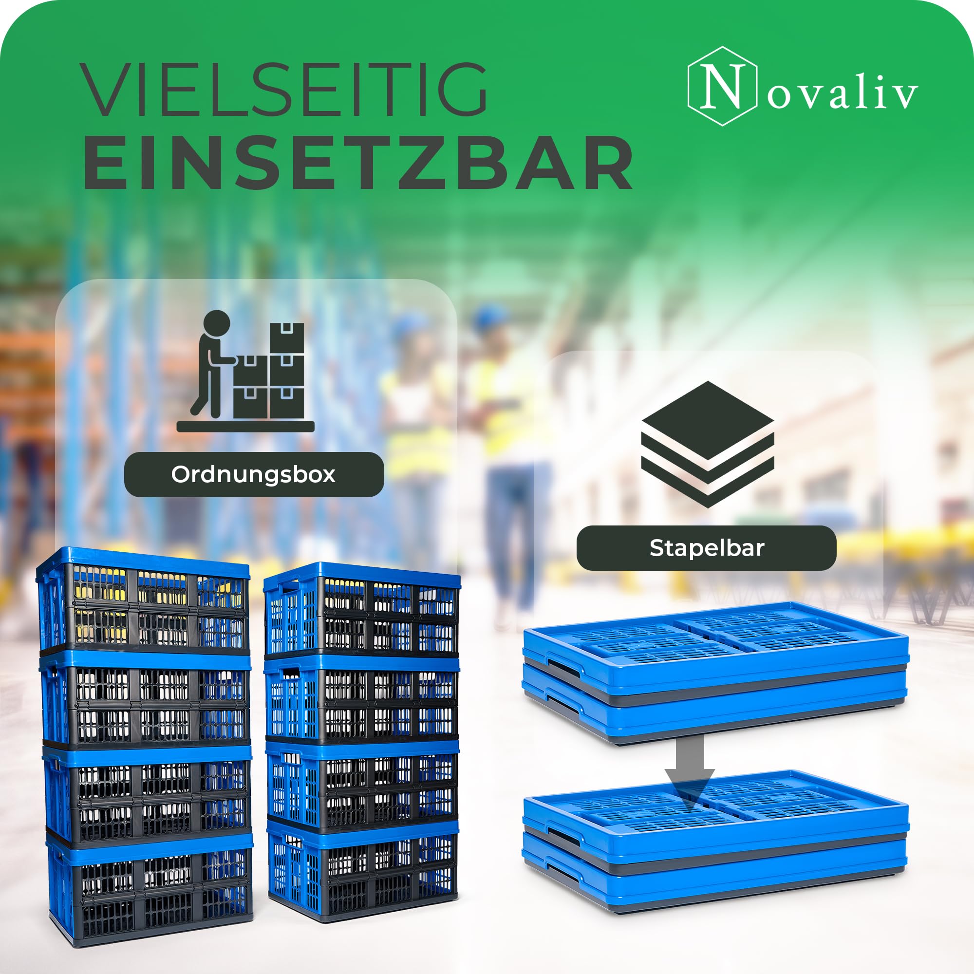 Novaliv Klappbox 45l Blau 10er Set - Faltbare Korbbox mit praktischen Tragegriffen - Vielseitige Aufbewahrungsbox