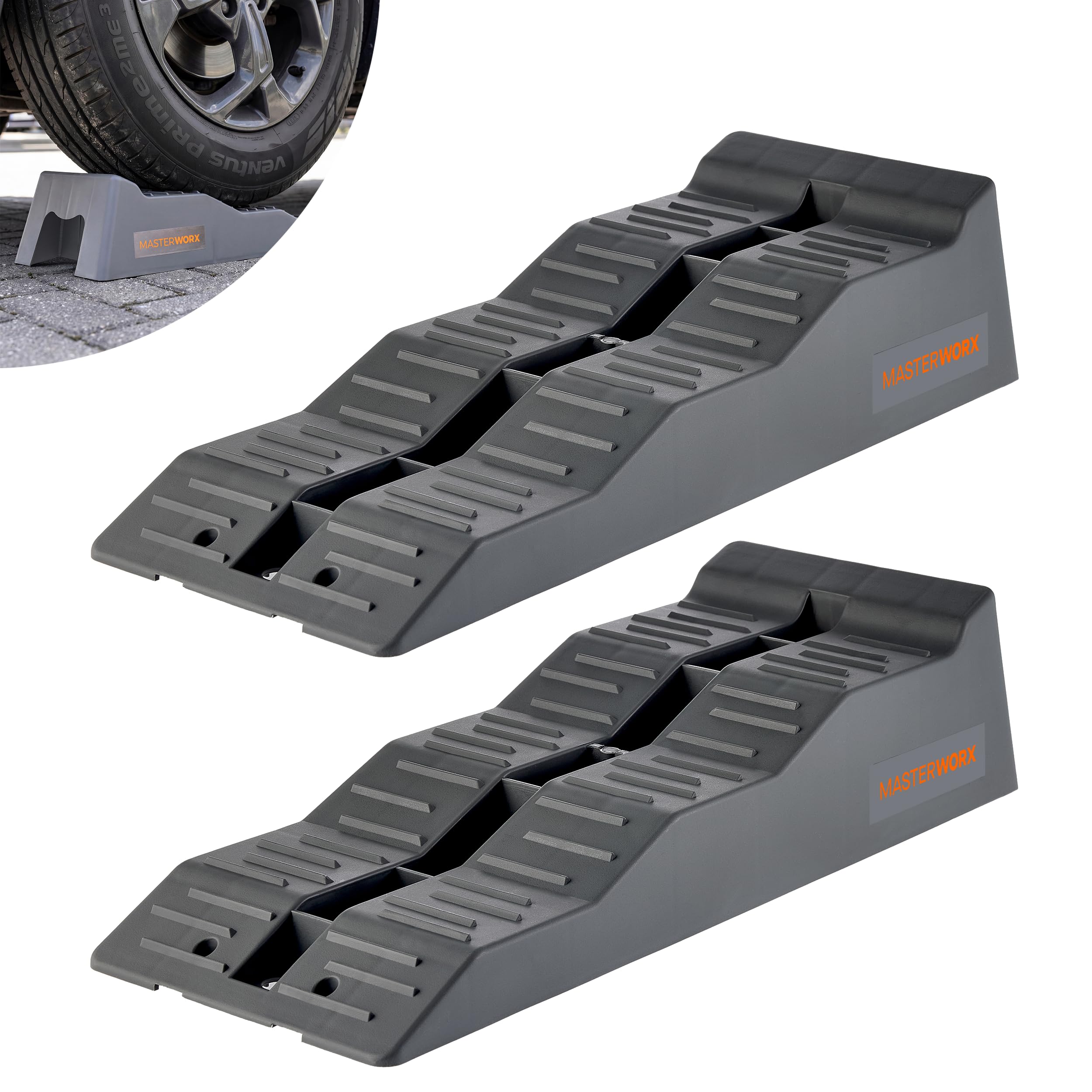 MasterWorx Caravan Levelling Ramp Set | Heavy Duty Ramps & Blocks for Motorhome, Campervan & Trailer | 3 Step Levelling Wheel Chocks | UV-Resistant | Anti-Skid | 5 Tonne Capacity - 1