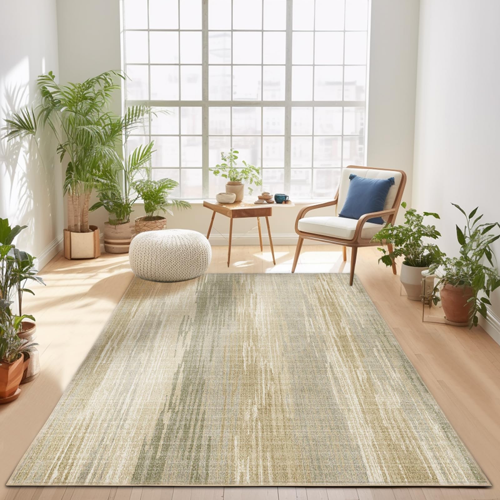 Washable Area Rug - 8'x10' Area Rug for Living Room Floor Bedroom, Non Skid Non Shedding Rugs Rubber Backing, Stain Resistant Vintage Mat, Low Pile Thin Indoor Carpet Rug