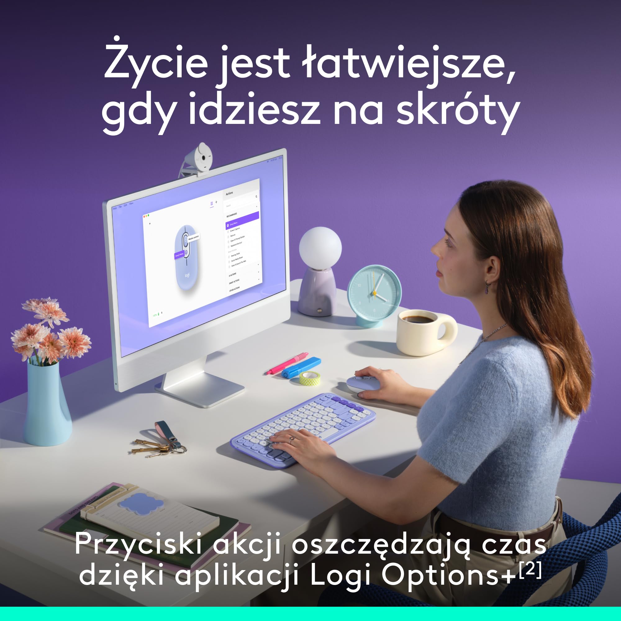 Logitech POP Mouse, przenośna bezprzewodowa mysz Bluetooth z programowalnymi przyciskami, cichymi kliknięciami, z łatwym przełączaniem Easy-Switch, laptopem, tabletem, komputerem PC — Liliowy