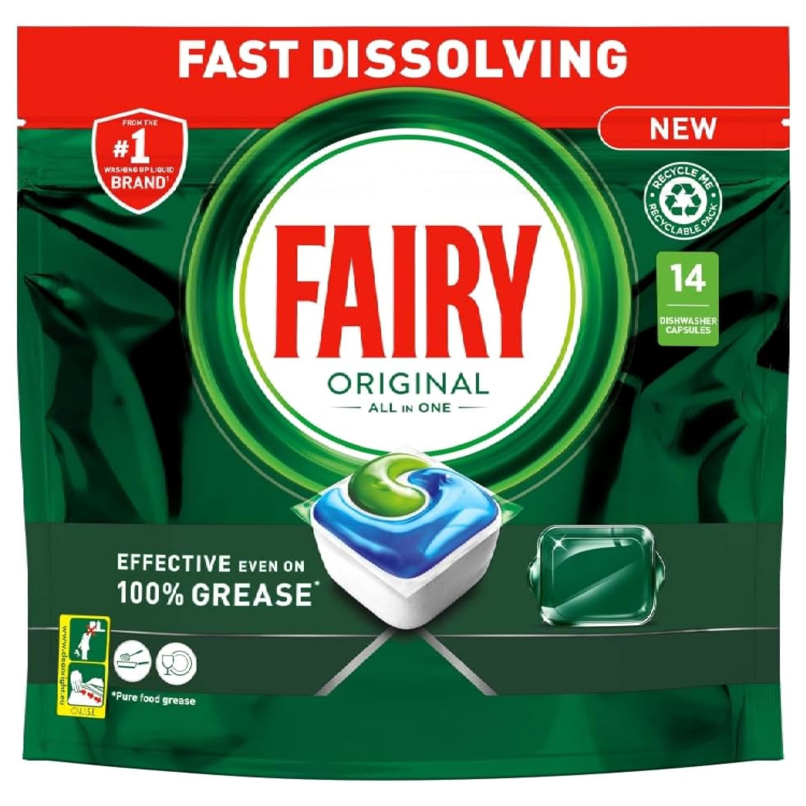 Fairy All-In-1 Dishwasher Tablets Original 14 Capsules – Powerful Cleaning Even on Dried-On Grease.
