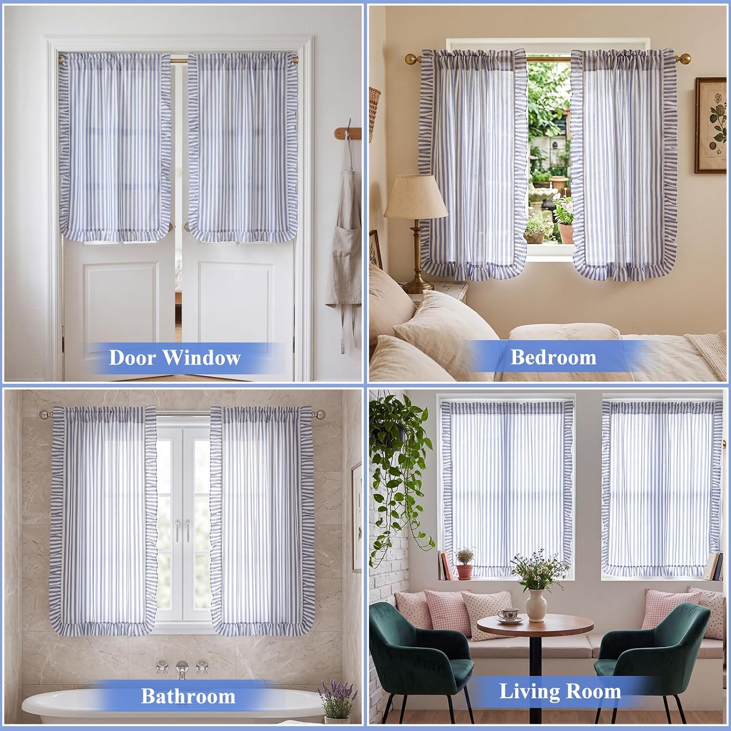 30''W X 24''L Blue Ruffle Striped Cafe Curtains, 2 Panels