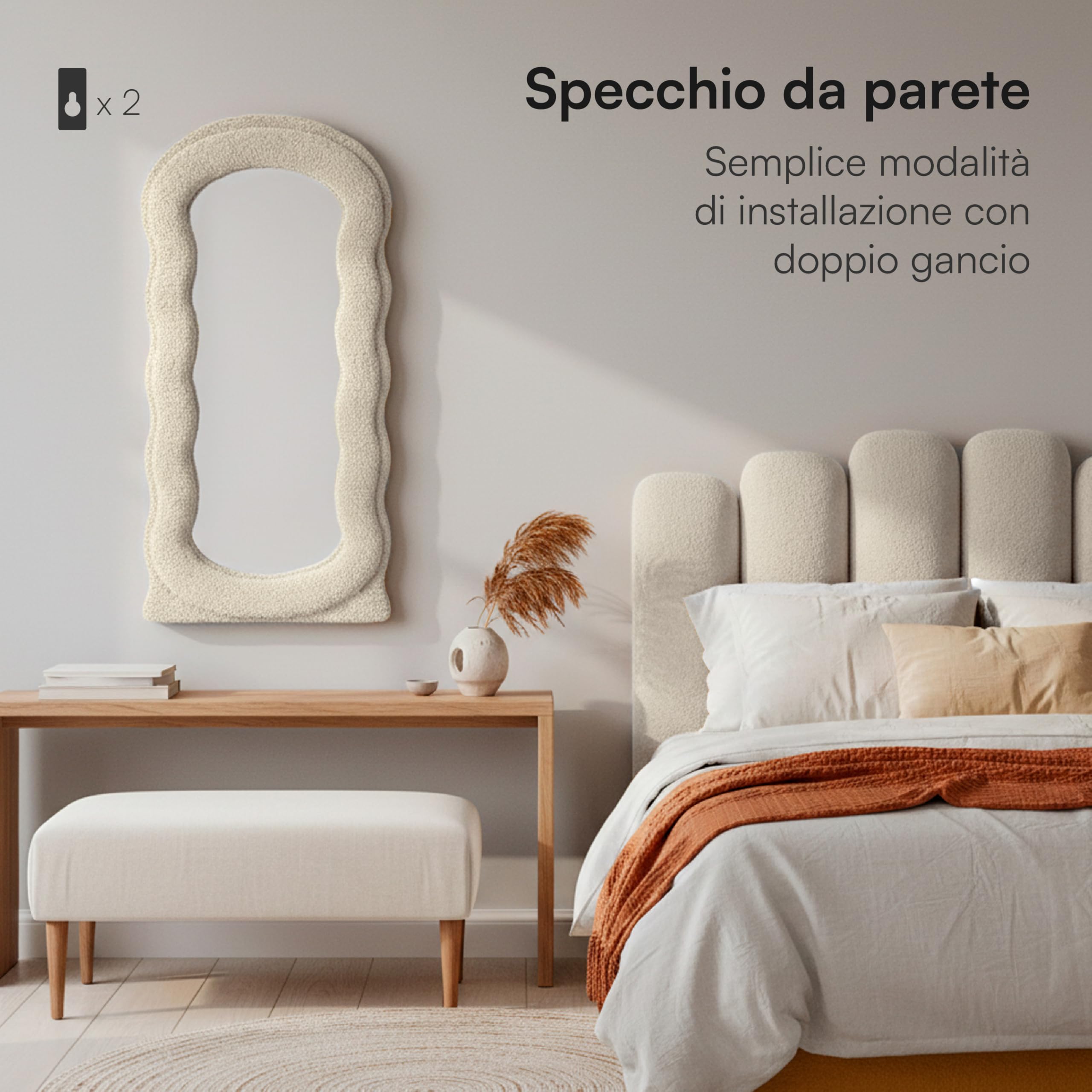 Baroni Home Specchio da Parete, Specchio con Cornice Ondulata Imbottita in Tessuto Bouclè, Specchio Decorativo Moderno Soggiorno, Camera da Letto, Corridoio 80x40 cm Beige