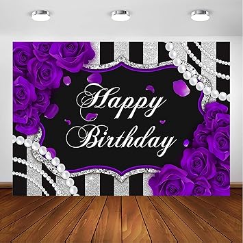 Avezano Purple Rose Birthday Backdrop for Girls Woman Party Decorations Purple Roses Floral Pearl Black and Silver Stripes Happy Birthday Party Banner Photoshoot Photography Background (7x5ft)