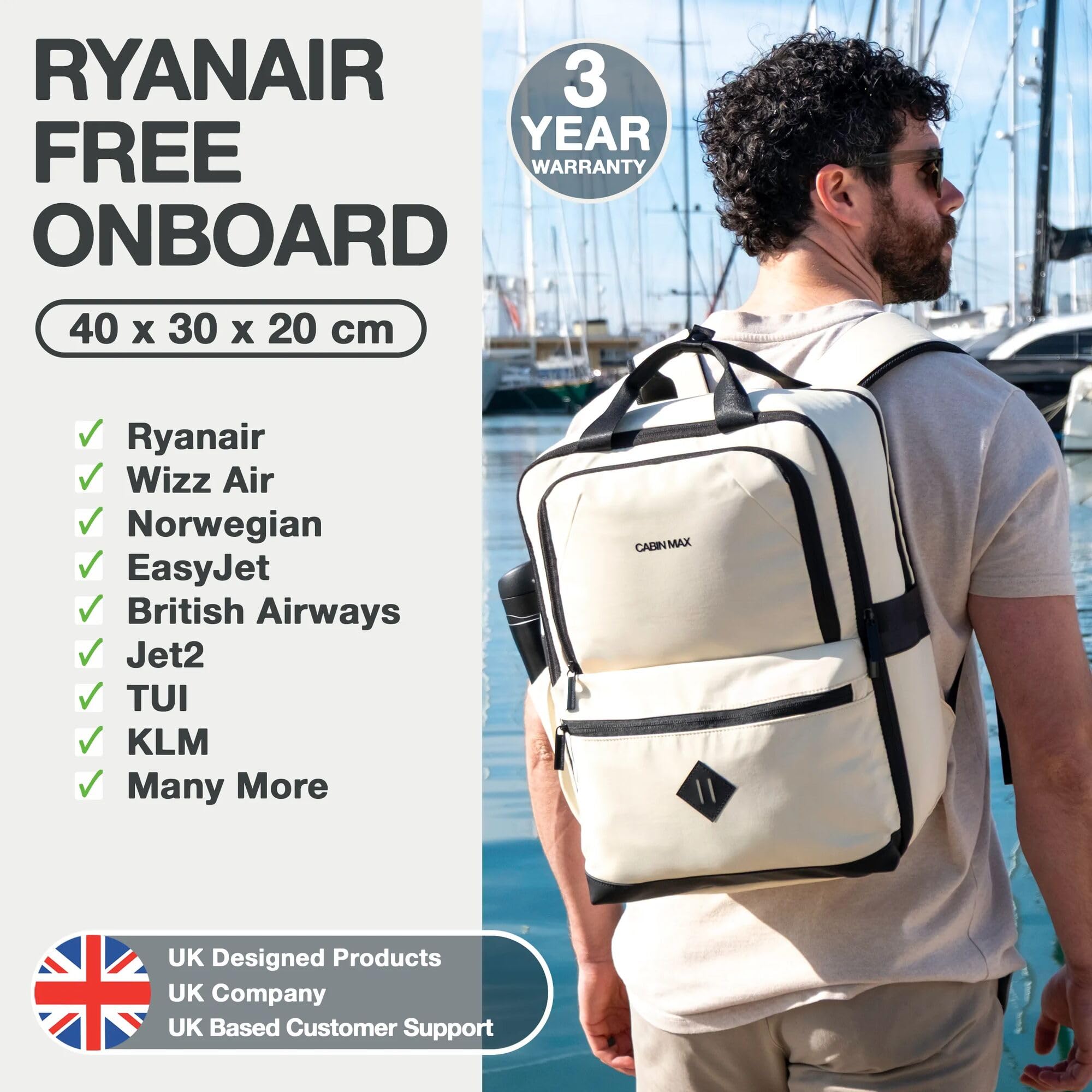 Ryanair - Maletas de cabina de 40 x 30 x 20 cm, mochila de viaje, bolsa de equipaje de mano, mochila aprobada por vuelos para viajes al aeropuerto para EasyJet, Wizz Air, Blanco, 40x30x20 Centimeters