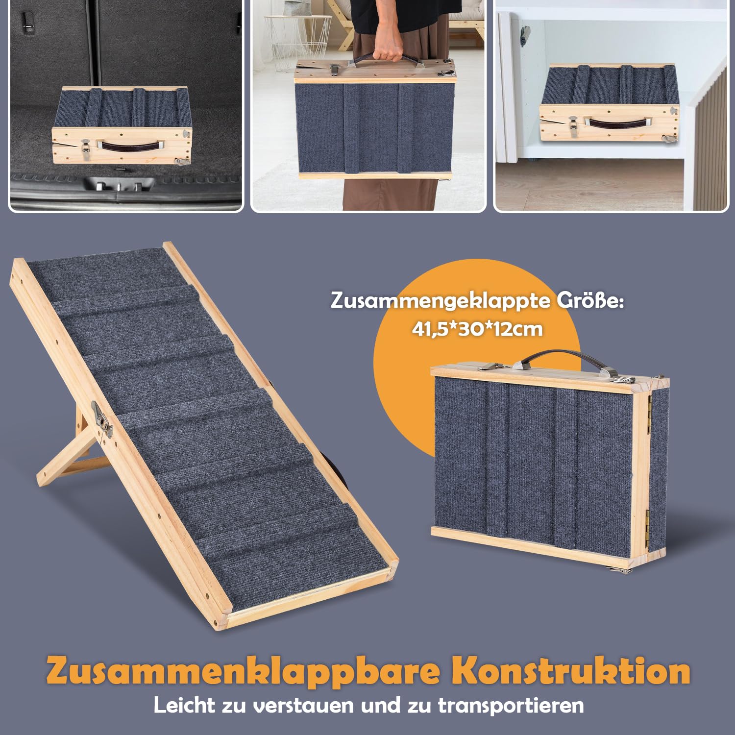Rampa para perros ajustable en 4 posiciones, 83 x 30 cm, plegable, 25 kg | Madera de pino, sofá cama, doble cierre, bit 25 kg, antideslizante, 5 travesaños, escalera para perros, gatos