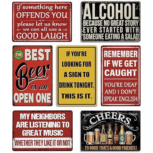 Funny Bar Signs for Home Bar Decor Wall Art, Man Cave Decor Garage Signs for Men, Vintage Metal Tin Signs 7-Piece Set, Basement Pub Wall Decor Gifts 8x12 Inch