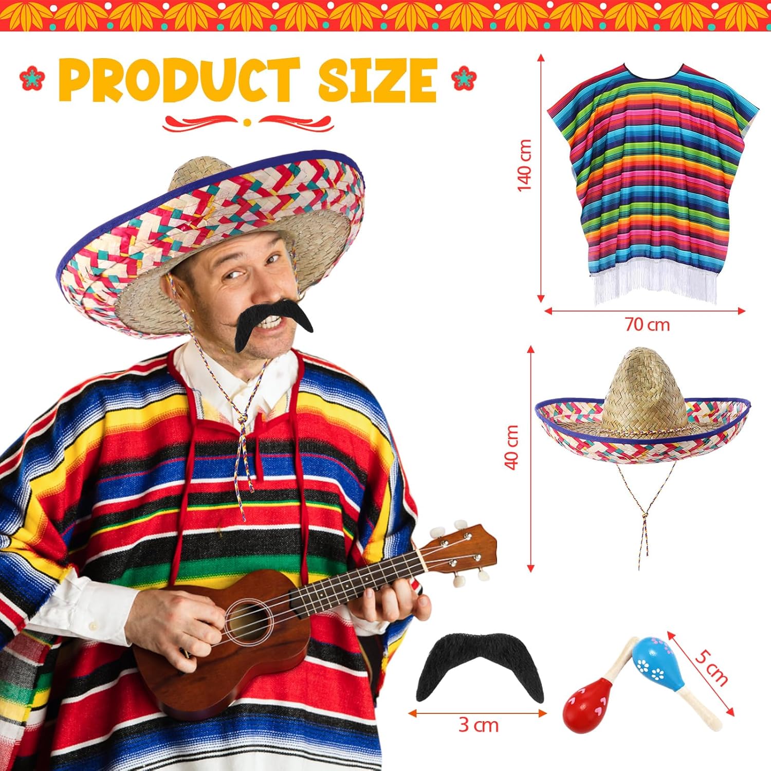 Unittype 6 Pcs Mxeican Costume Set Sombrero Hat Serape Poncho Mustache Maracas Fiesta Outfit Mexco Accessories - Image 2