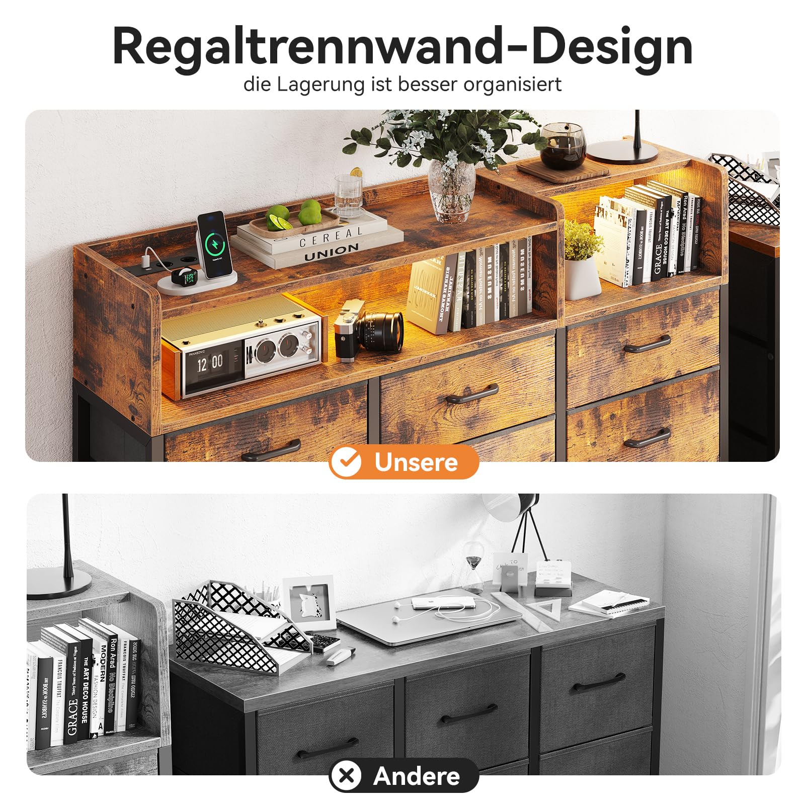 ODK Kommode mit Schubladen, Komodenschrank mit 2 Steckdosen, 2 USB und 10 Farbigen LED-Streifen, Kommode mit Regal Arbeitsplatte mit 9 Stoff Schubladen für Schlafzimmer Wohnzimmer, 130 * 30 * 97cm
