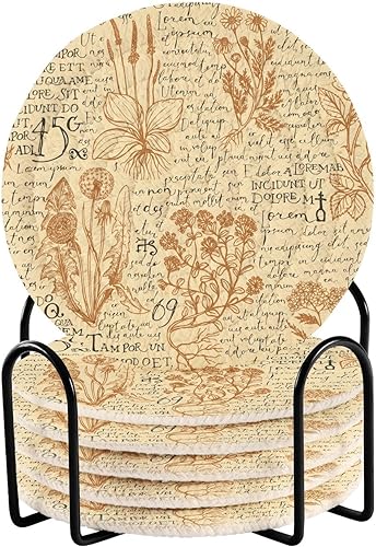 Casters Set of 6 with Holder Drink Coasters for Tabletop Home Coasters Porta Vasos para Mesas Handdrawn Herbs