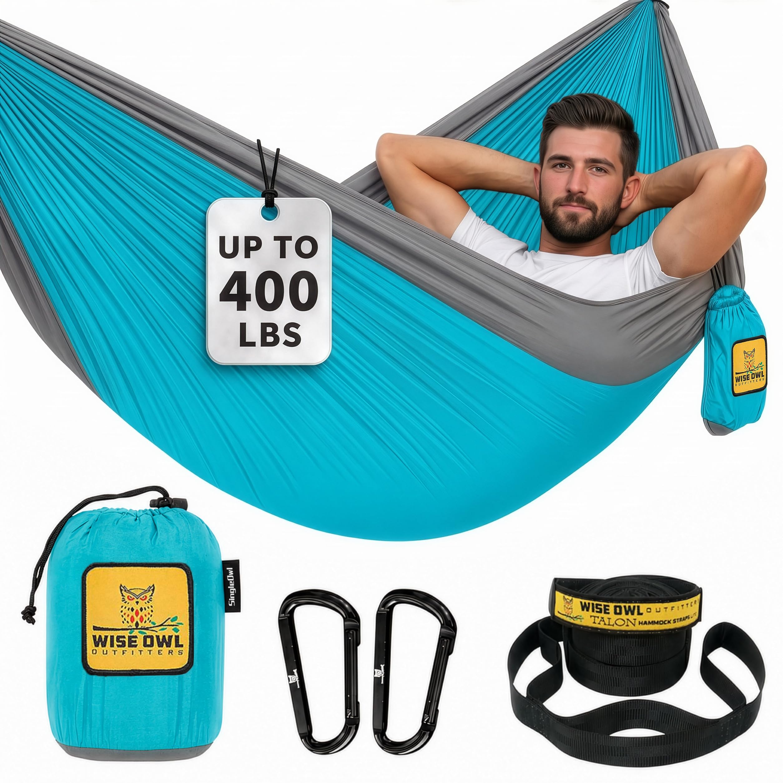 Wise Owl Outfitters Hammock for Camping Single Hammocks Gear for The Outdoors Backpacking Survival or Travel - Portable Lightweight Parachute Nylon SO Lt Blue &amp; Grey