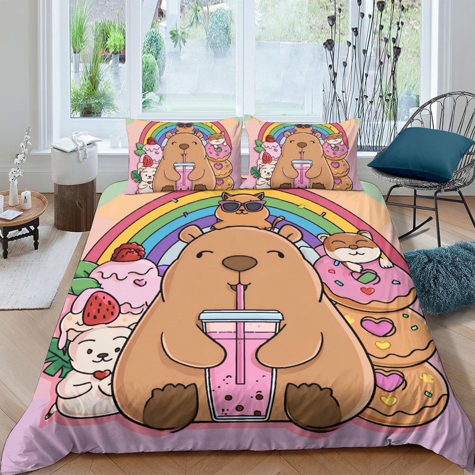 Ctjqhvkz Style-7 3D Printed Cartoon Bear Rainbow Fitted Sheet Microfiber Soft Bedroom Decor Cute Dessert Mattress Cover Single（135X200cm）