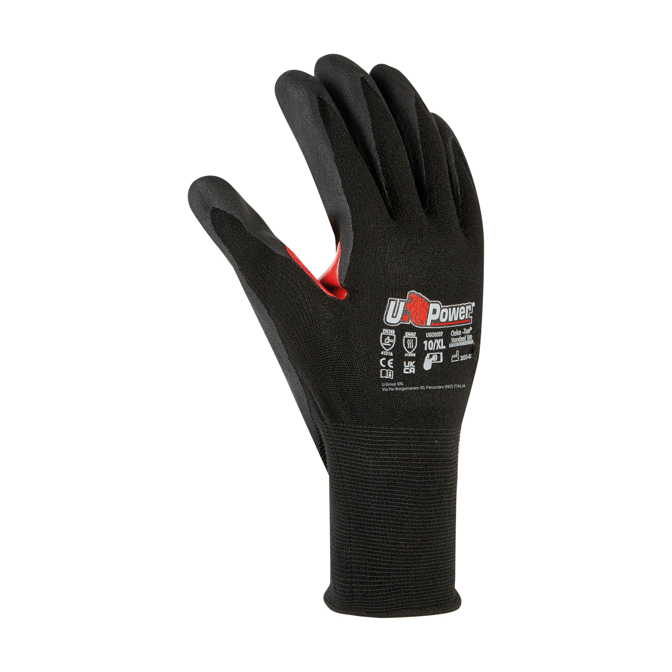 U Power Guantes de trabajo Flnt con soporte elástico de nailon recubrimiento de espuma de nitrilo refuerzo entre los dedos índice de protección contra riesgos mecánicos térmicos color negro rojo
