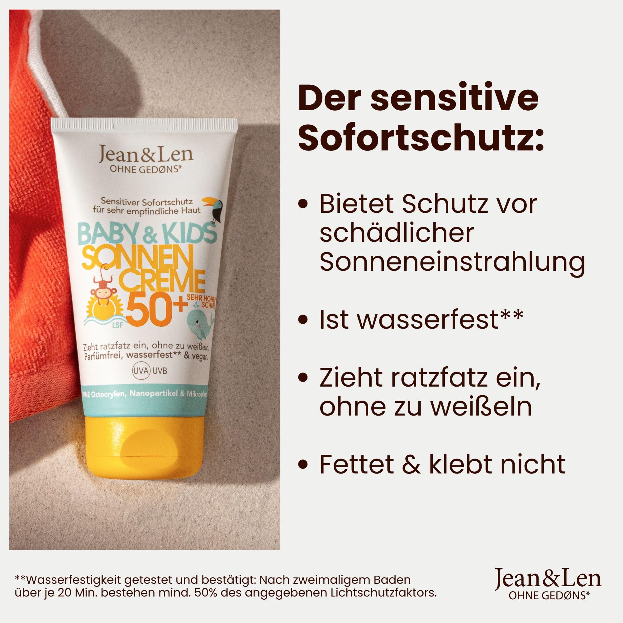 Jean & Len Sensitiv Sonnencreme Baby & Kids 50+ LSF, parfümfrei, wasserfest, für empfindliche Kinderhaut ab 6 Monaten, ohne Octocrylen & Duftstoffe, vegan, Kindersonnencreme, 100 ml
