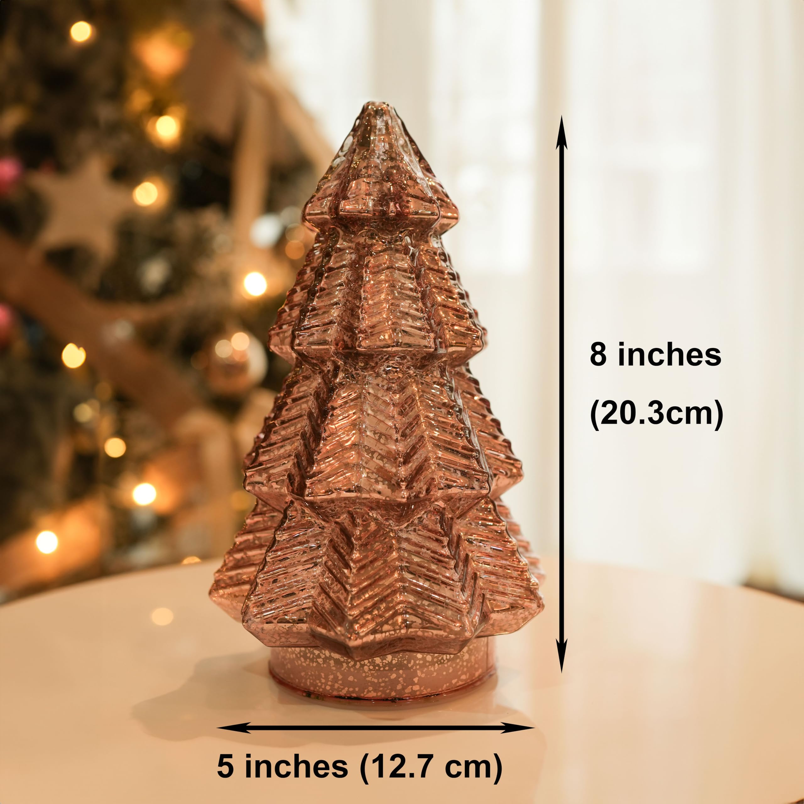 hvfun RoseGold - Albero di Natale in vetro mercurio con luce colorata dinamica, decorazioni da tavola illuminate con timer, per soggiorno, caminetto, tavolo, feste, altezza 20,3 cm