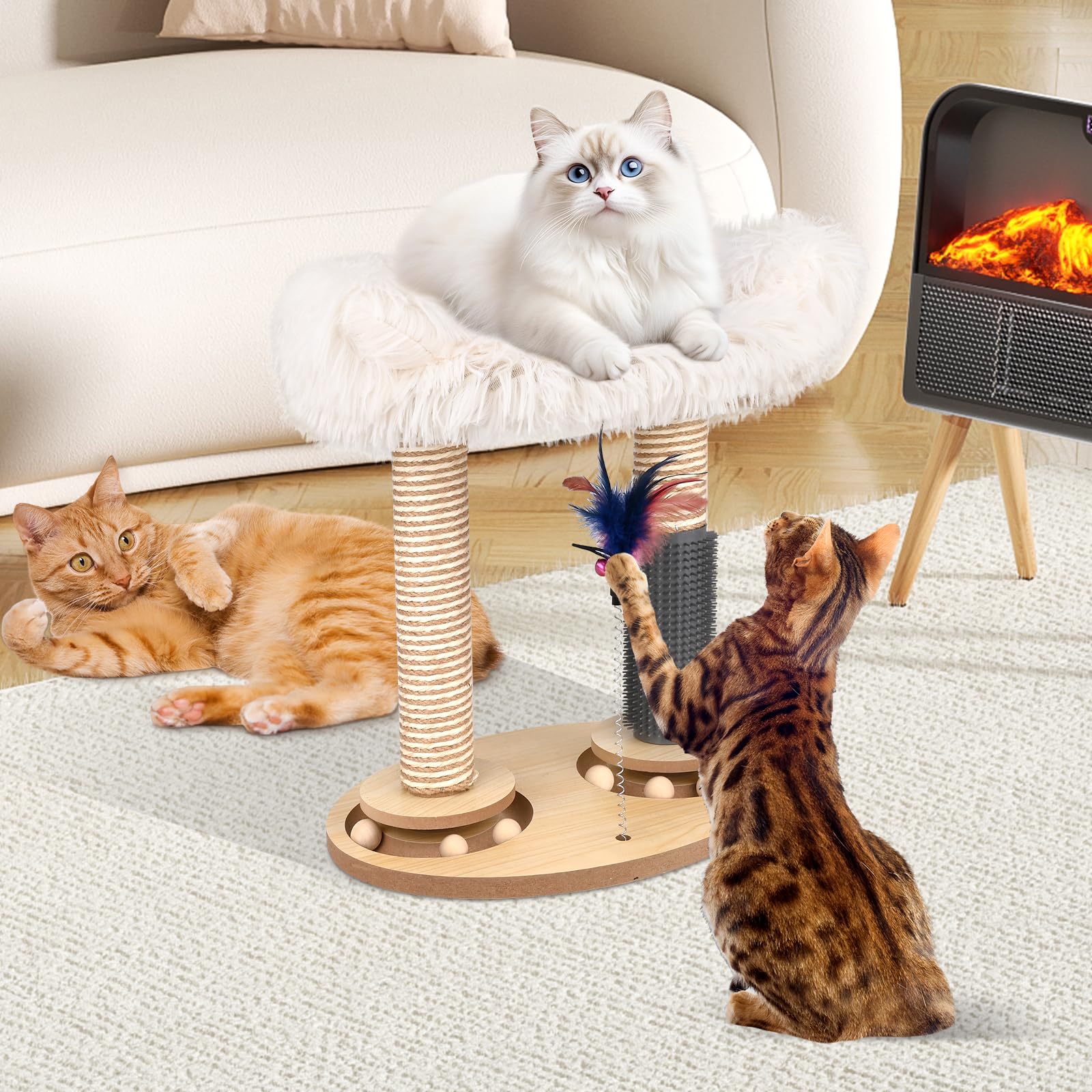 Holzkugel-Katzenkarussell, Banaone 4 in 1 Interaktives Katzenspielzeug, Katzenspielzeug Selbstbeschäftigung mit Frühling Cat Scratching Post für Katzen in Innenräumen