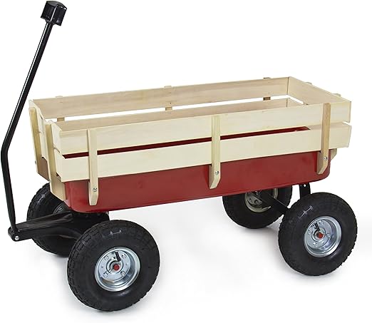Best Choice Products Wood Wagon ALL Terrain Pulling Red w/ Wood Railing Garden Cart