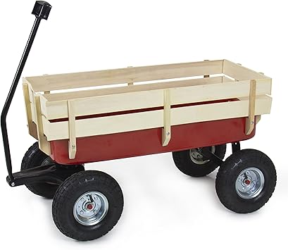 Best Choice Products Wood Wagon ALL Terrain Pulling Red w/ Wood Railing Garden Cart