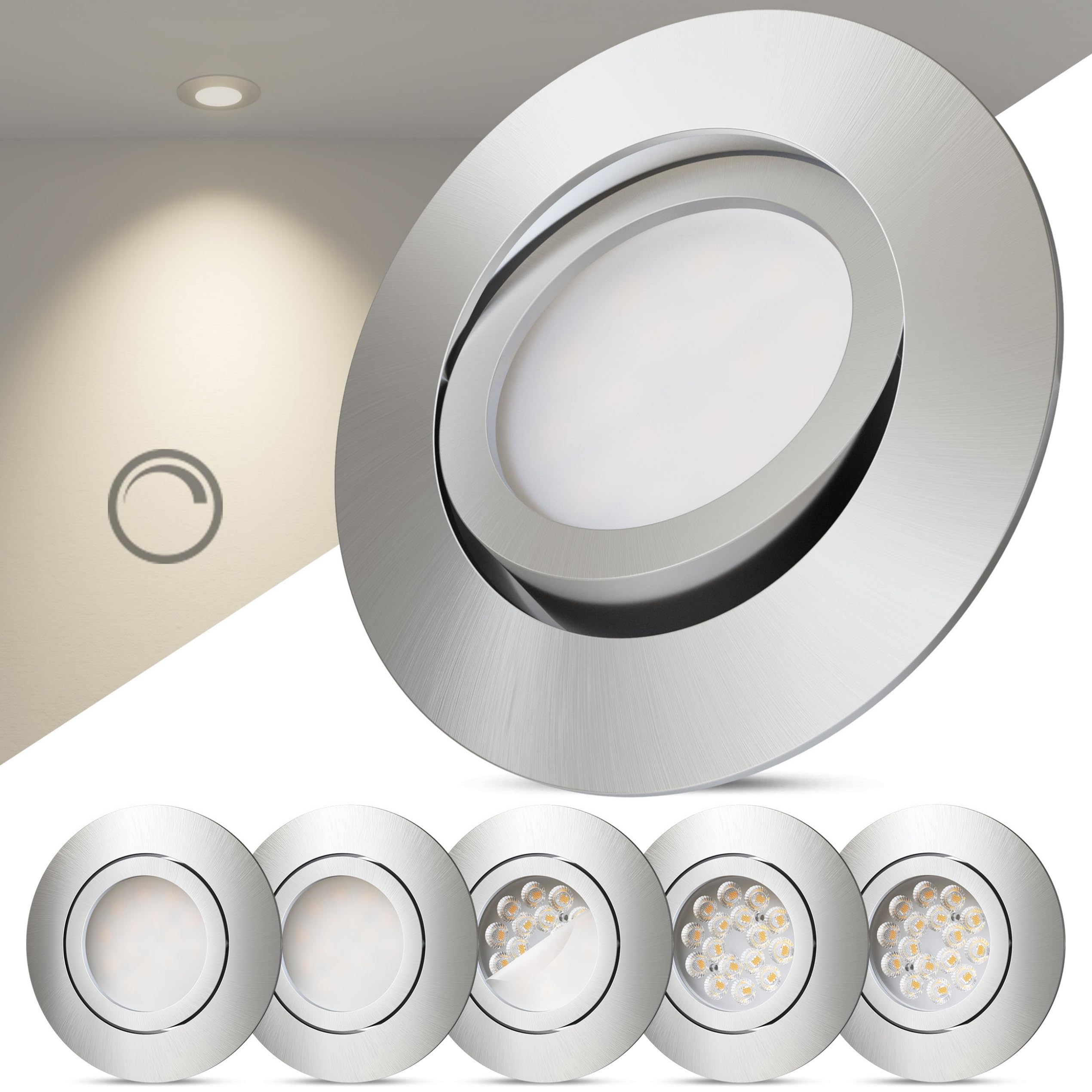 LED Einbaustrahler 230V Dimmbar 6er Set - Warmweiß 3000K 470lm CRI 90+ 68mm IP44 Aluminium Schwenkbar