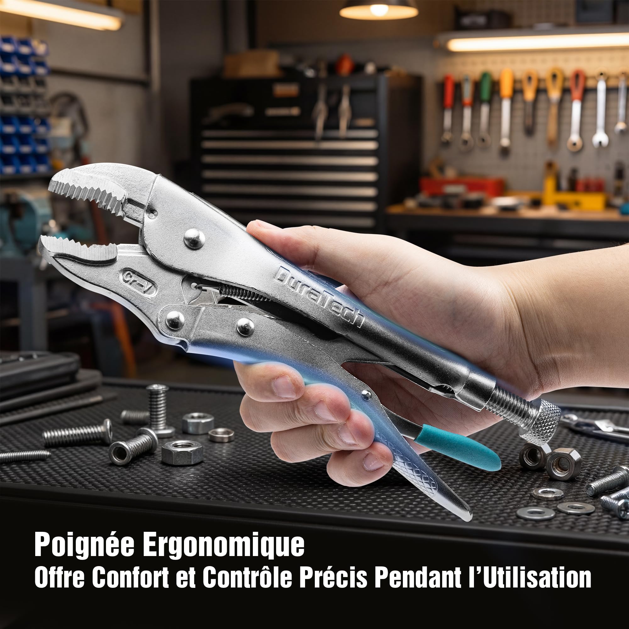DURATECH Jeu de 6 Pinces-Étaux avec 2 Becs Longs de 16,5 cm et 24 cm, 3 Mâchoires Courbes de 12,7 cm, 17,8 cm et 25,4 cm et 1 C-clamp de 15 cm, Étui Roulable Pratique pour Bricolage et Réparation