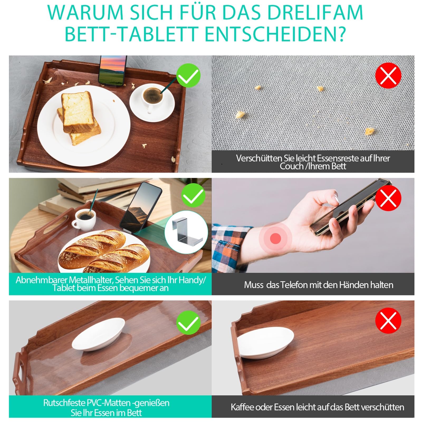 DRELIFAM Knietablett mit Kissen, Betttablett aus Holz zum Essen, Knietablett für Liegestuhl, Frühstückstablett, TV-Dinner-Betttablett für Essen (Sapele-Holz)