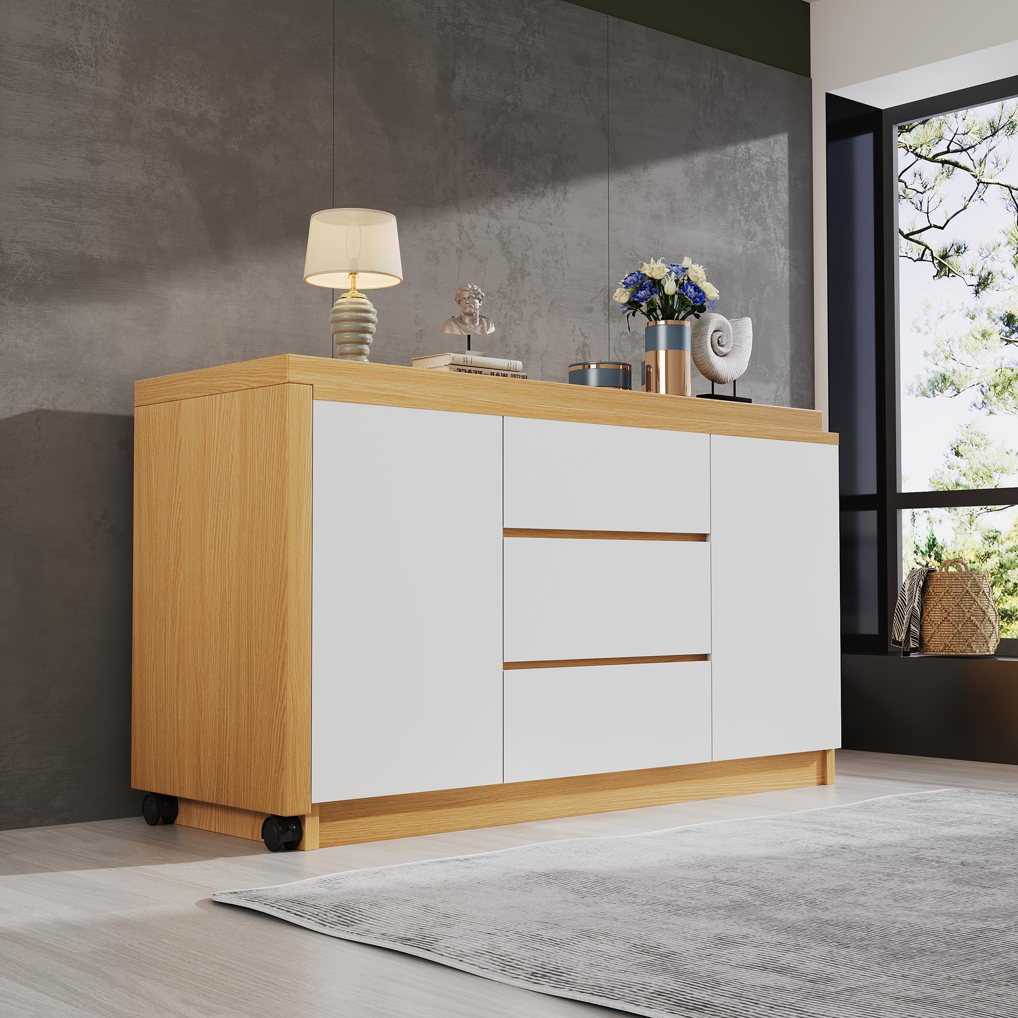 Scrivania con ruote bloccabili, design multifunzionale, 4 cm di spessore, piano girevole bloccabile, scrivania pieghevole, scrivania angolare, credenza (legno + bianco)
