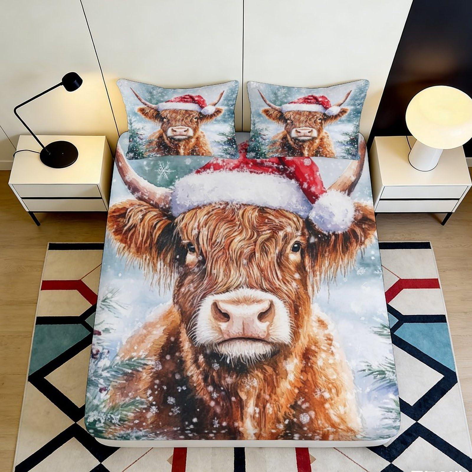 3D Printed Christmas Cow Fitted Sheet Microfiber Deep Pocket Non-Slip Elastic Hem Christmas Cow Mattress Fitted Cover Bedding 120x200x25cm