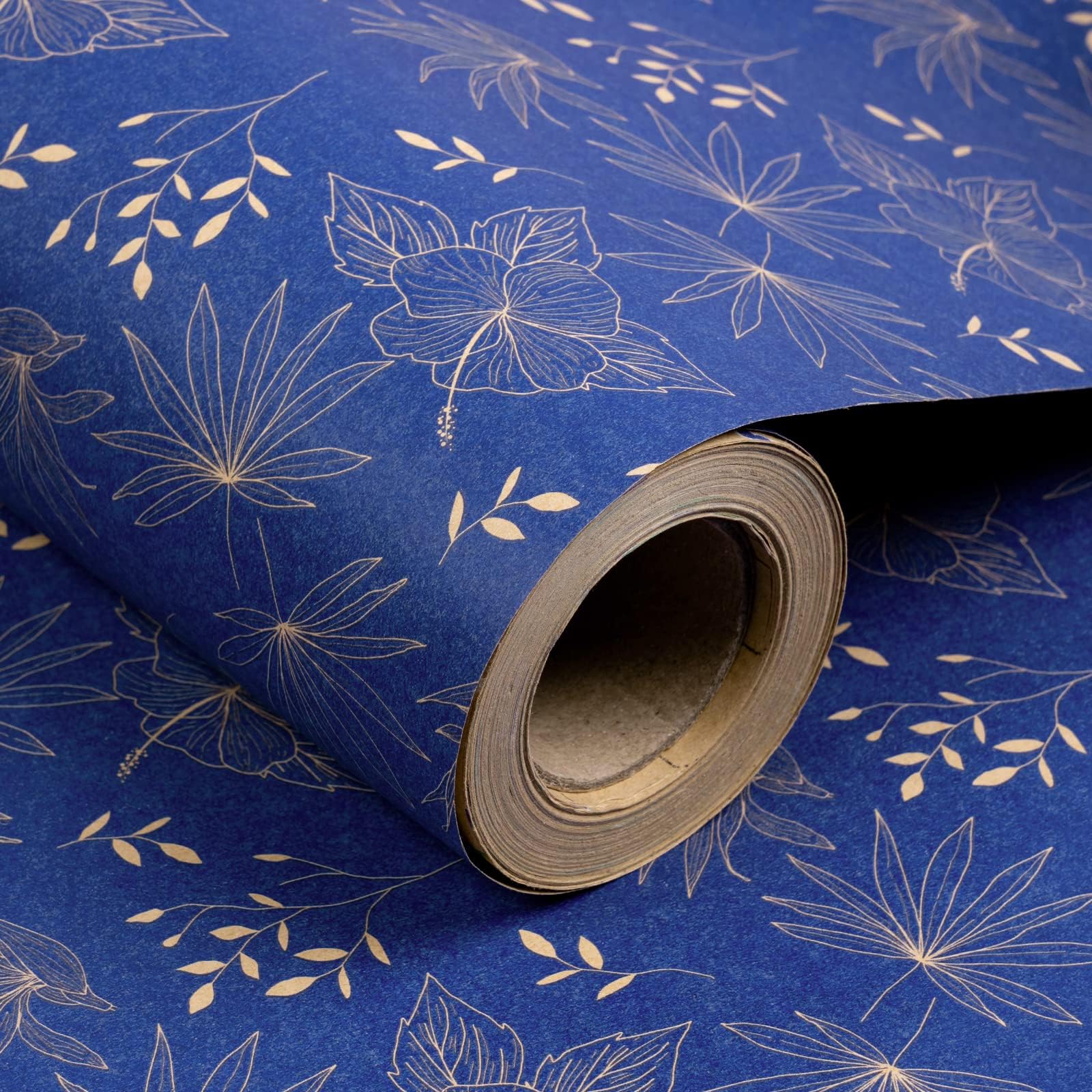 Kraft Wrapping Paper Roll - Blue Flowers and Plants Pattern - 30 Inches x 100 Feet