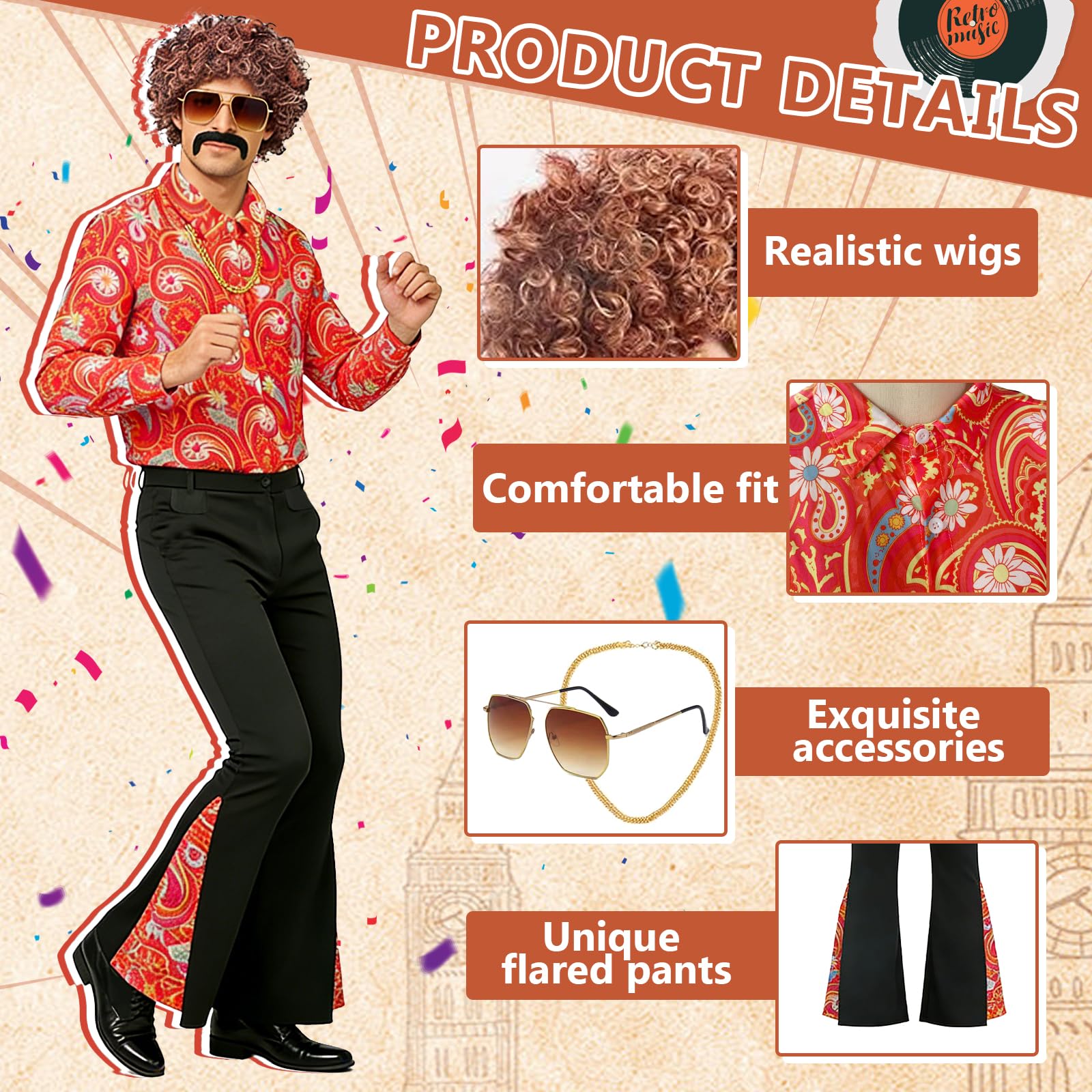 Disfraz Años 70 Hombre, Disfraz de Discoteca para Hombre Años 70 con Camisa, Pantalones, Peluca, Gafas, Barba y Cadena de Oro, Disfraces Originales Carnaval
