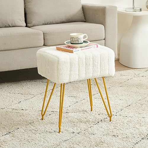 Taburete de tocador, silla de piel sintética suave, taburete de maquillaje con 4 patas de metal y pies dorados ajustables, reposapiés otomano gris