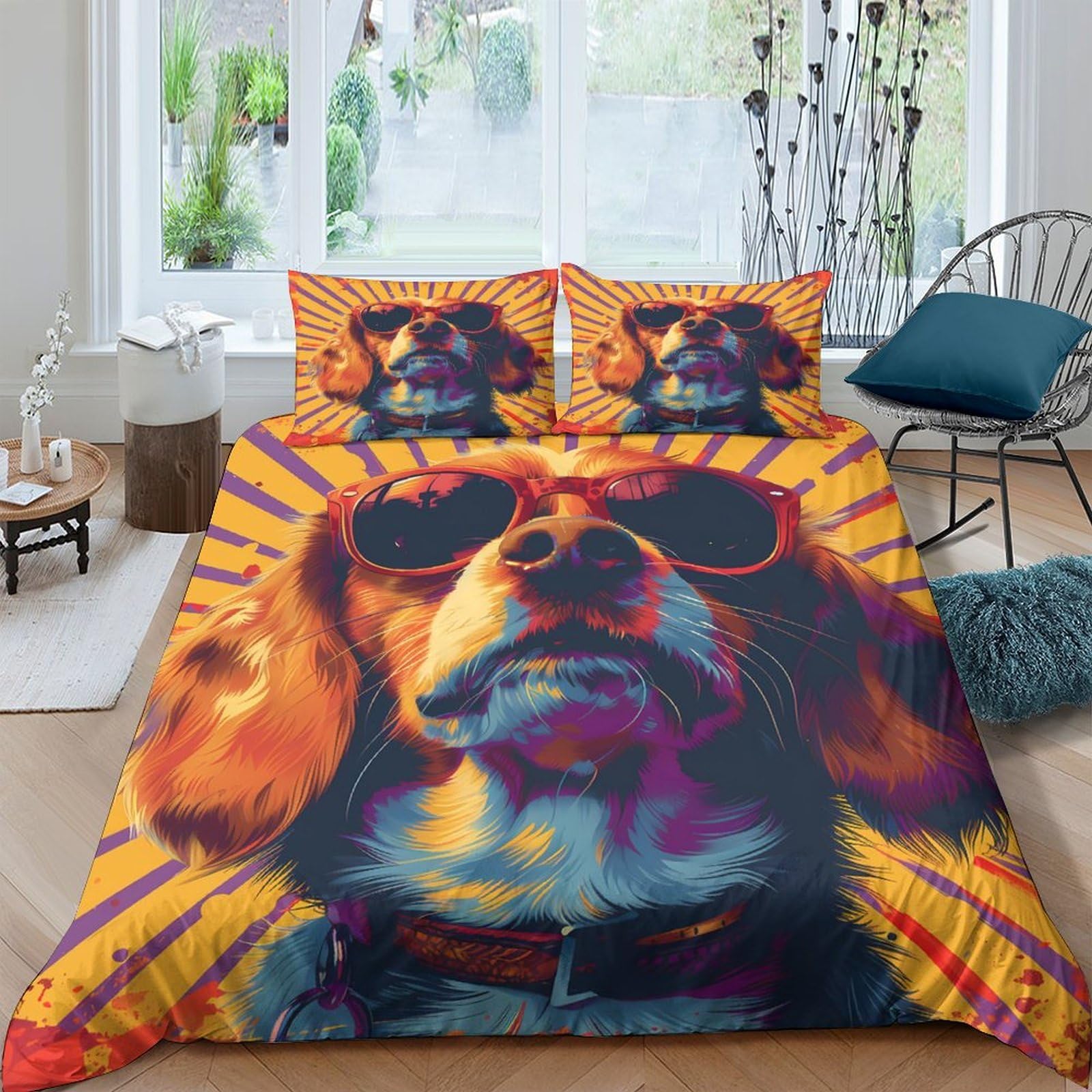 GPLZQXKJNH 3D Printed Cool Dog Duvet Cover Microfiber Orange Sunglasses Quilt Cover Set with 2 Pillowcases for Bedroom Decor Single（135x200cm）