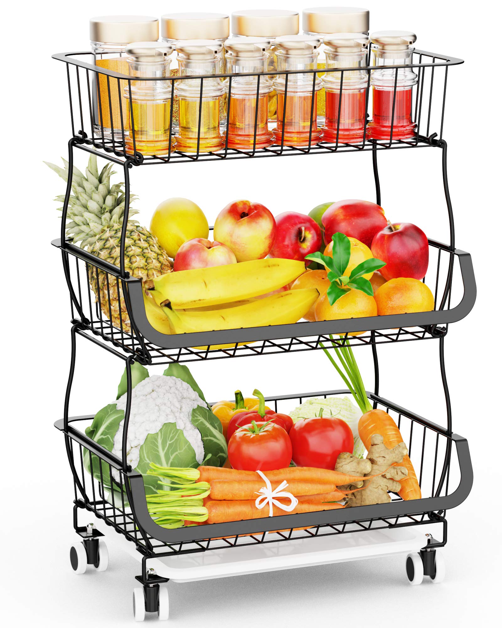 Buy 3 Tier Fruit Basket, GSlife Stackable Wire Basket Cart with Rolling