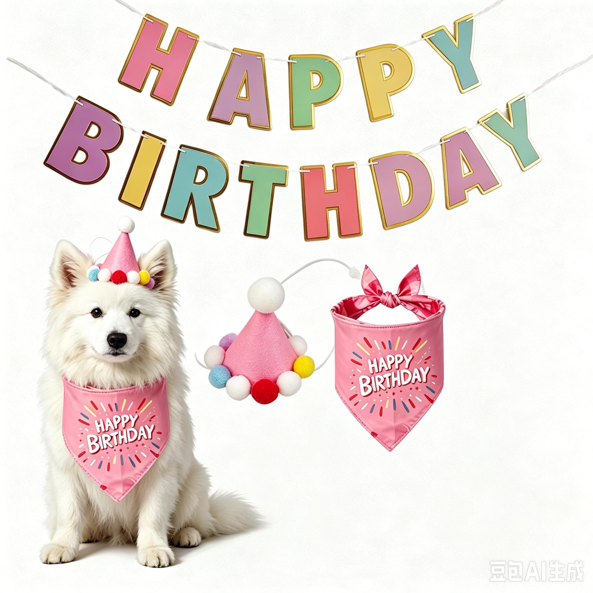 BIrsssEE Dog Birthday Party Pink Set for Medium Large Dogs Dog Birthday Hat Bandana with Birthday Banner Pet Costume Accessories