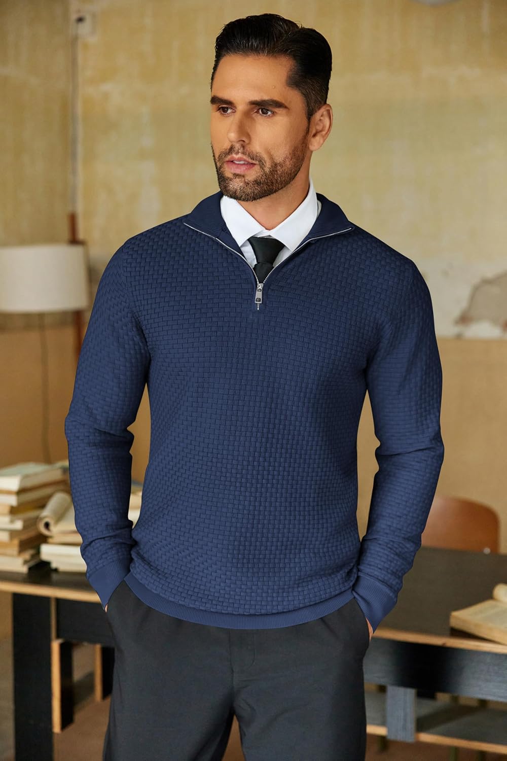 COOFANDY Men's Quarter Zip Sweaters Slim Fit Lightweight Knitted Mock Neck Pullover Casual Polo Sweaters - Image 6