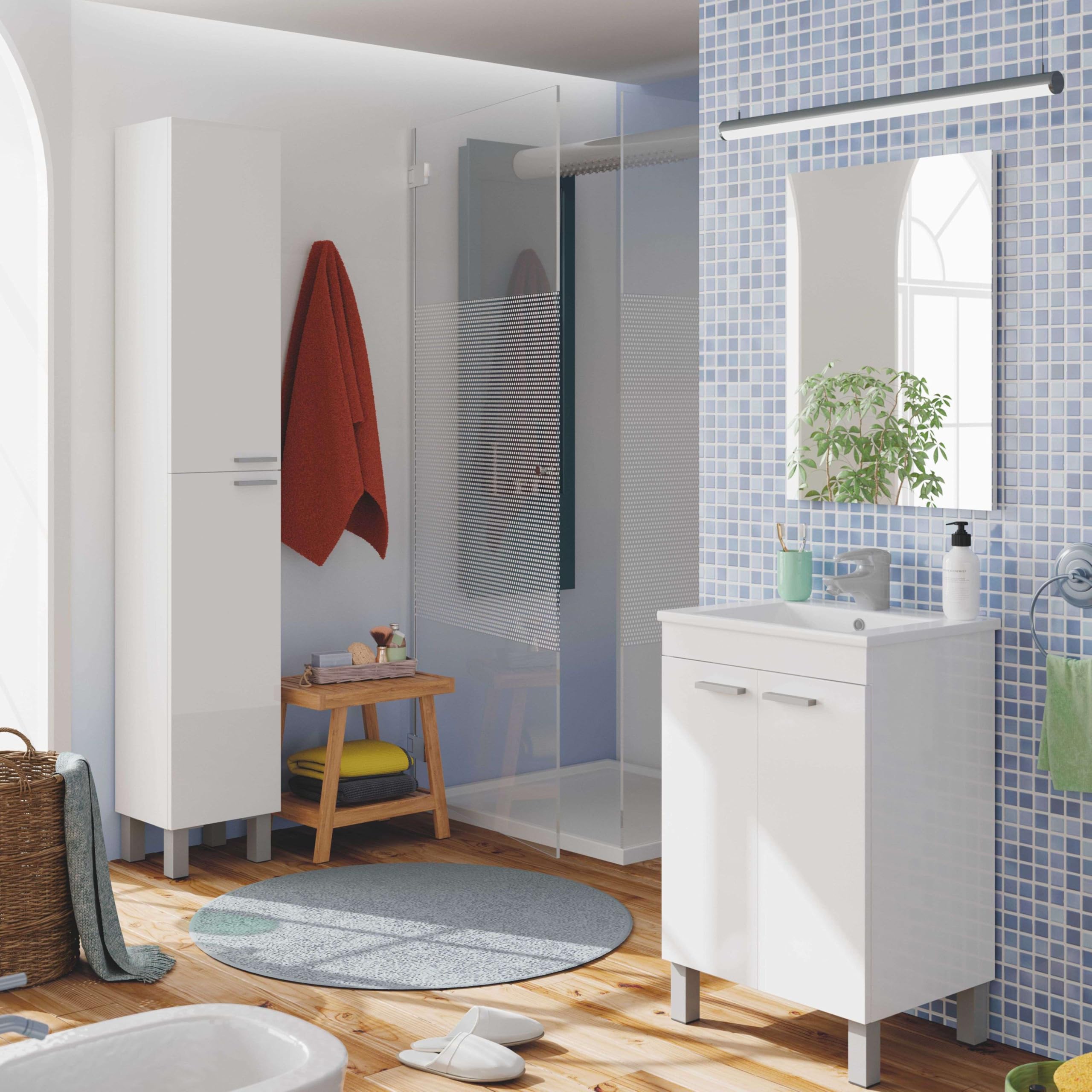 ARKITMOBEL– Columna de Baño Alta con 2 Puertas y 4 Patas, Mueble Auxiliar de Baño, Color Blanco Brillo, 30x182x25 cm – Modelo Koncept