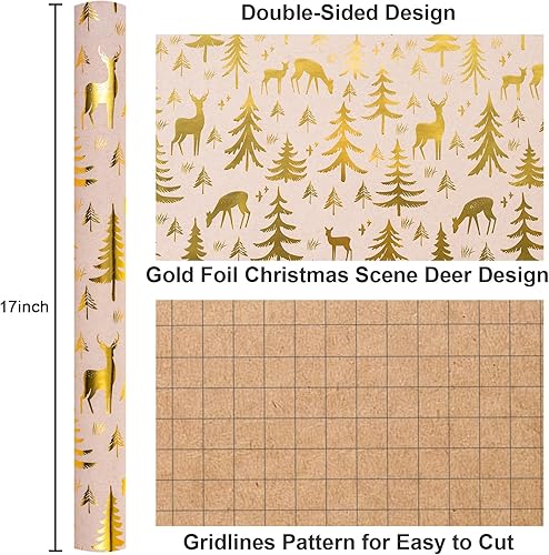 Miniatura 80 de Yarcony Papel kraft de regalo de Navidad, papel de regalo negro, árboles de Navidad de lujo, renos, copos de nieve, papel de estraza resistente