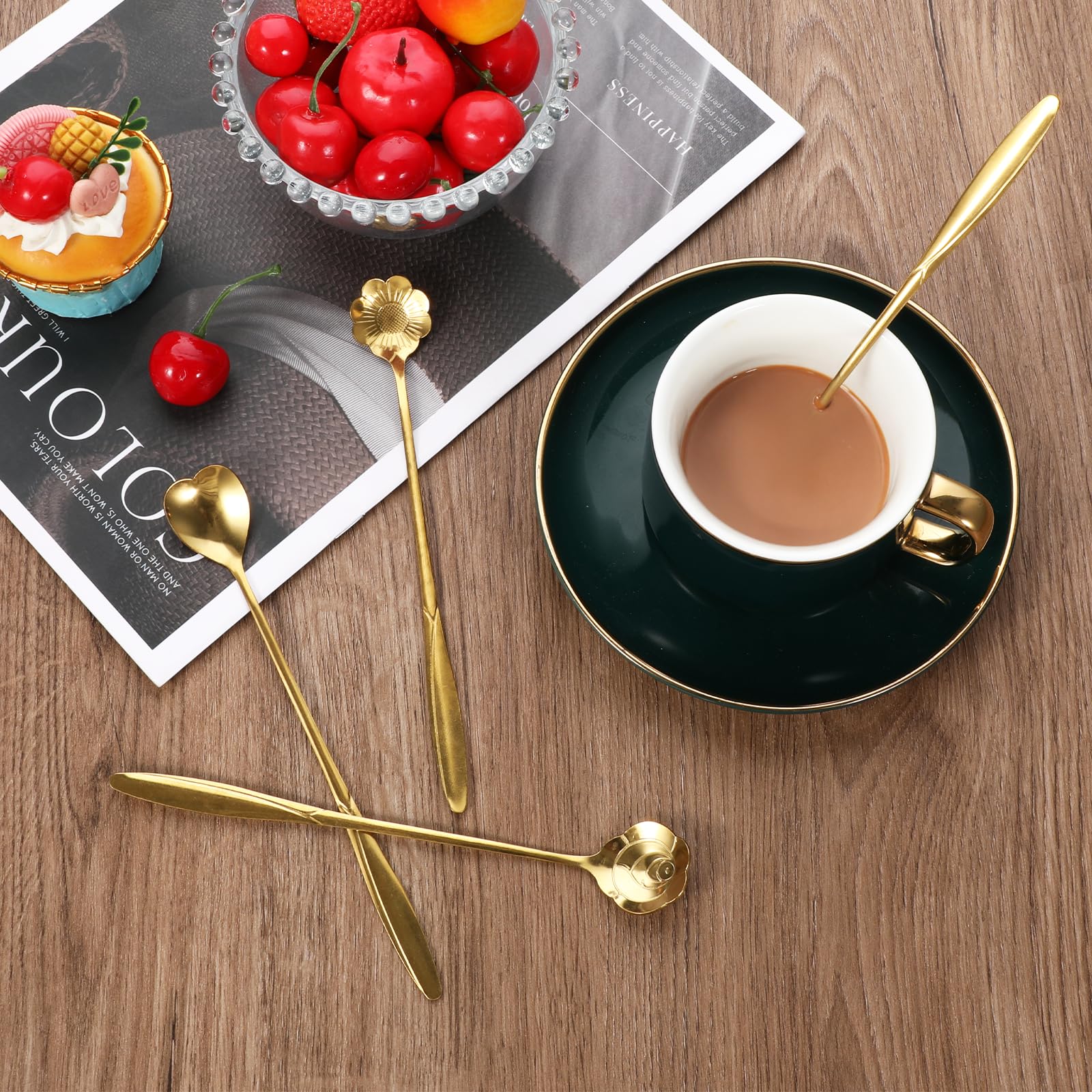 4 cucharas de café de flores de 7 pulgadas, cuchara de café creativa de flores, cuchara de agitación, cuchara de barra de agitación, cuchara de mango largo, cucharas retro de postre Demitasse para