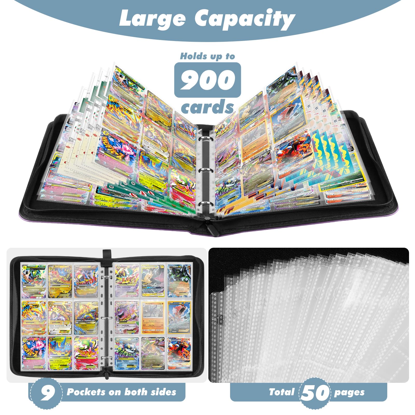 Album Cartas, Album para Cartas Magic, 900 Album Cromos, Álbum de Cartas Coleccionables, Carpeta Cartas Transparente, Morado - 3