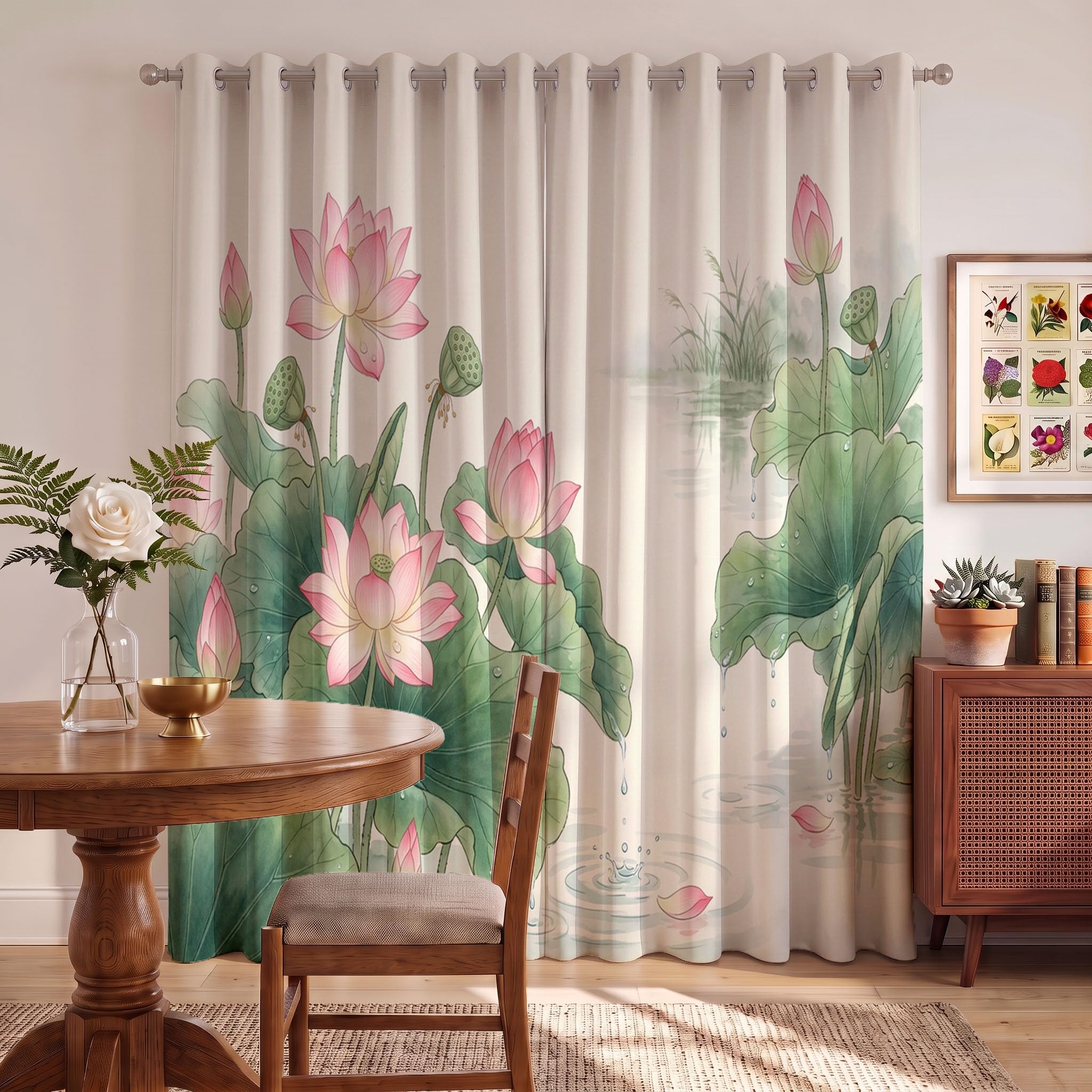 Cortinas Opacas De Paisaje De Loto Chino Plantas Frescas En Acuarela | Juego De 2 Unidades, Cortinas Opacas con Ojales, Blanco, Aislamiento Térmico para Salón Dormitorio, 140Anx240Al Cm