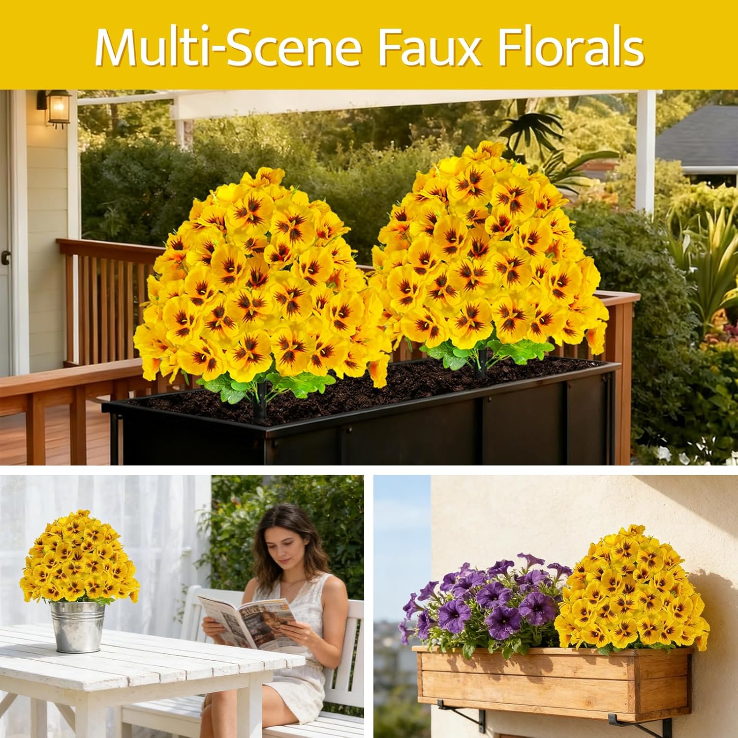 Artificial Boxwood Topiary Ball Trees with Ground Spike for Outdoors, 15" Realistic Faux Plants with Pansies, UV Resistant Artificial Fake Bushes Shrubs for Home Garden Yard Porch Decor (1PC Yellow)