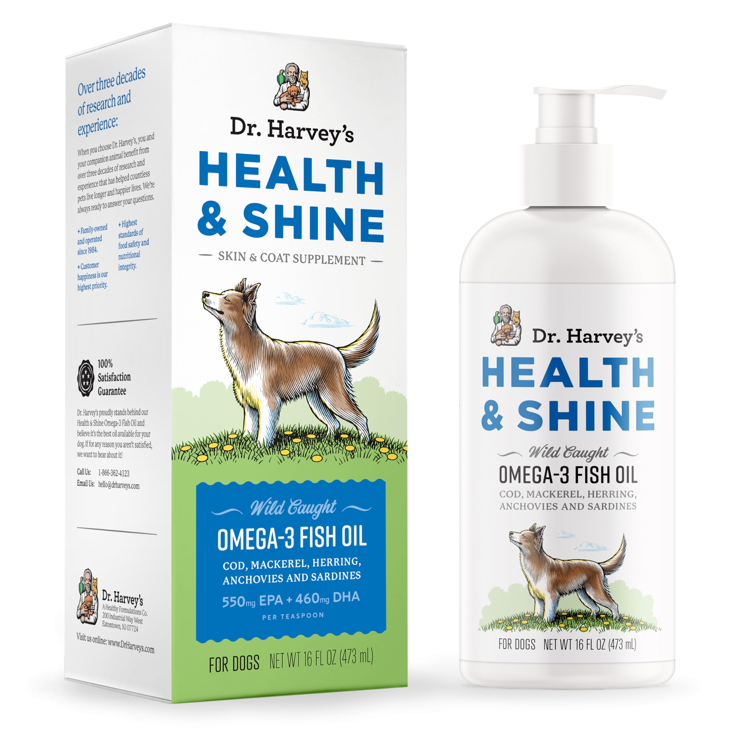 Dr. Harvey's Health & Shine Omega 3 Fish Oil for Dogs from Wild Caught Mackerel, Herring, Anchovies and Sardines - Supports Beautiful Fur, Strong Joints and Itchy Allergy Relief (16 FL OZ)