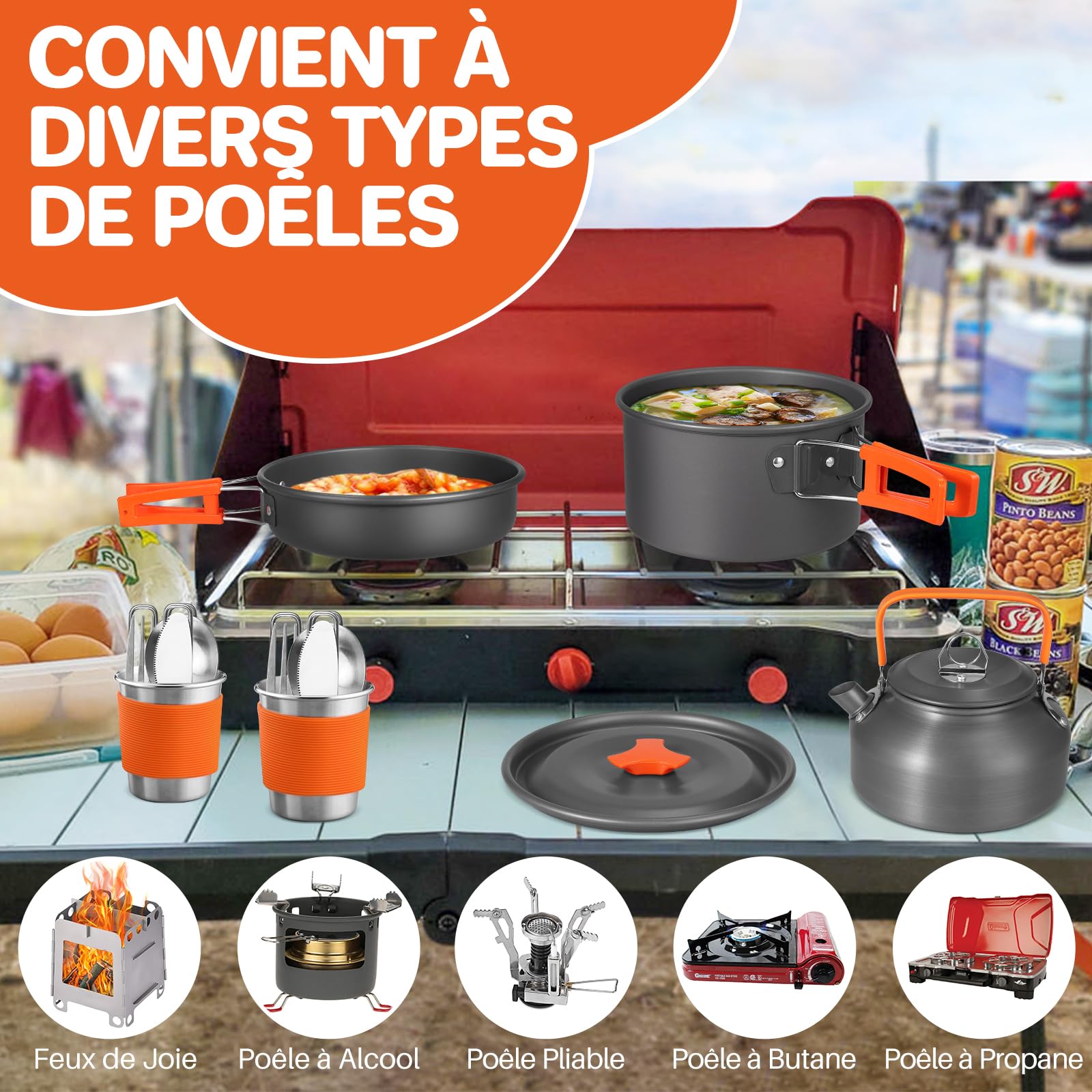 FUNYKICH Multi-PCS Kit de Casseroles Camping, Accessoire Camping Légère, Cookware Kit en Aluminium Durable pour Pêche/Survie/Randonnée/Outdoor/Pique-Nique