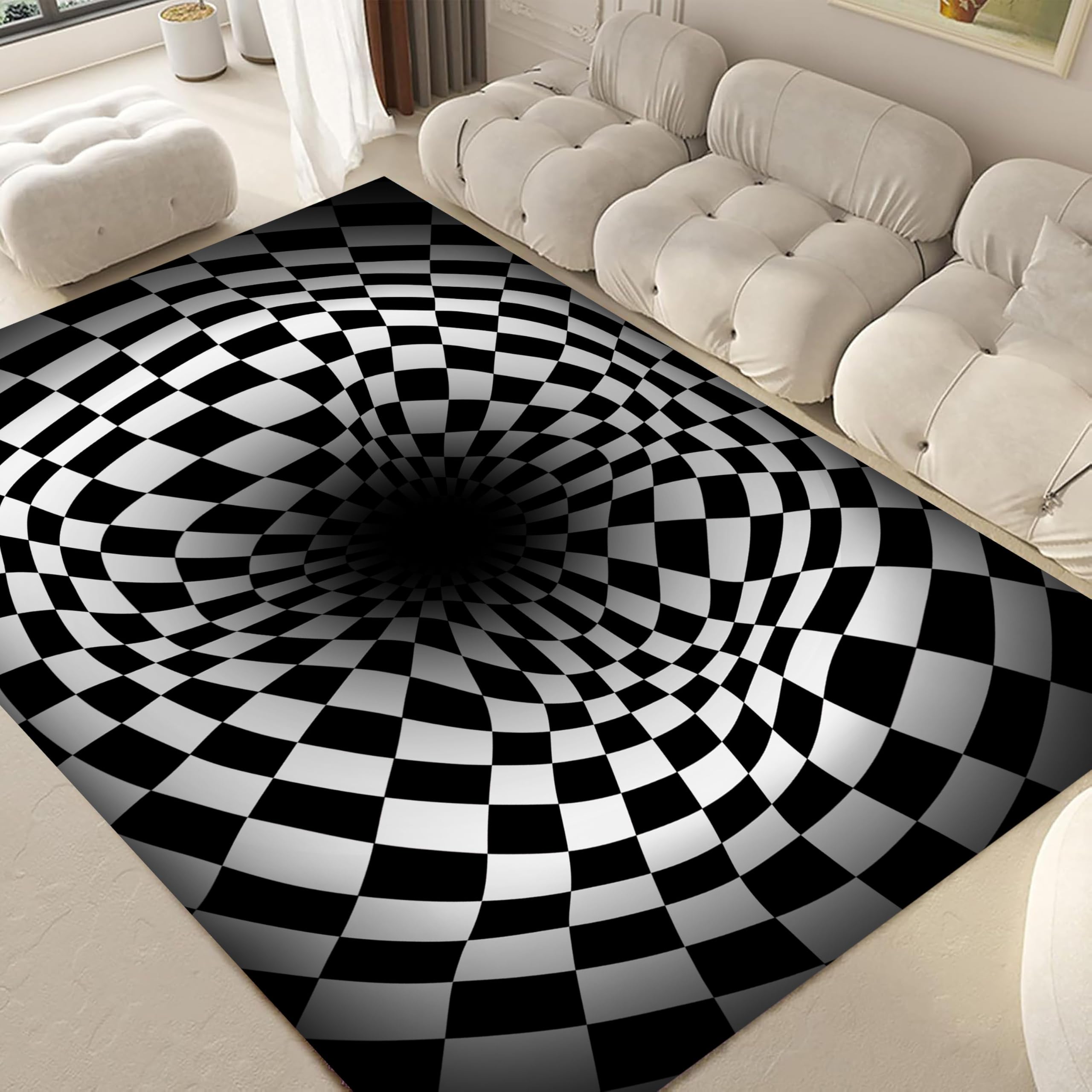 ZCLRUG 3D Carpet Black White Area Rug 160x200cm Checkerboard Vortex Optical Illusions Rug Easy Care Washable Floor Mat with Non-slip Backed Cozy Doormat Carpet for Entrance Game Room Living Room