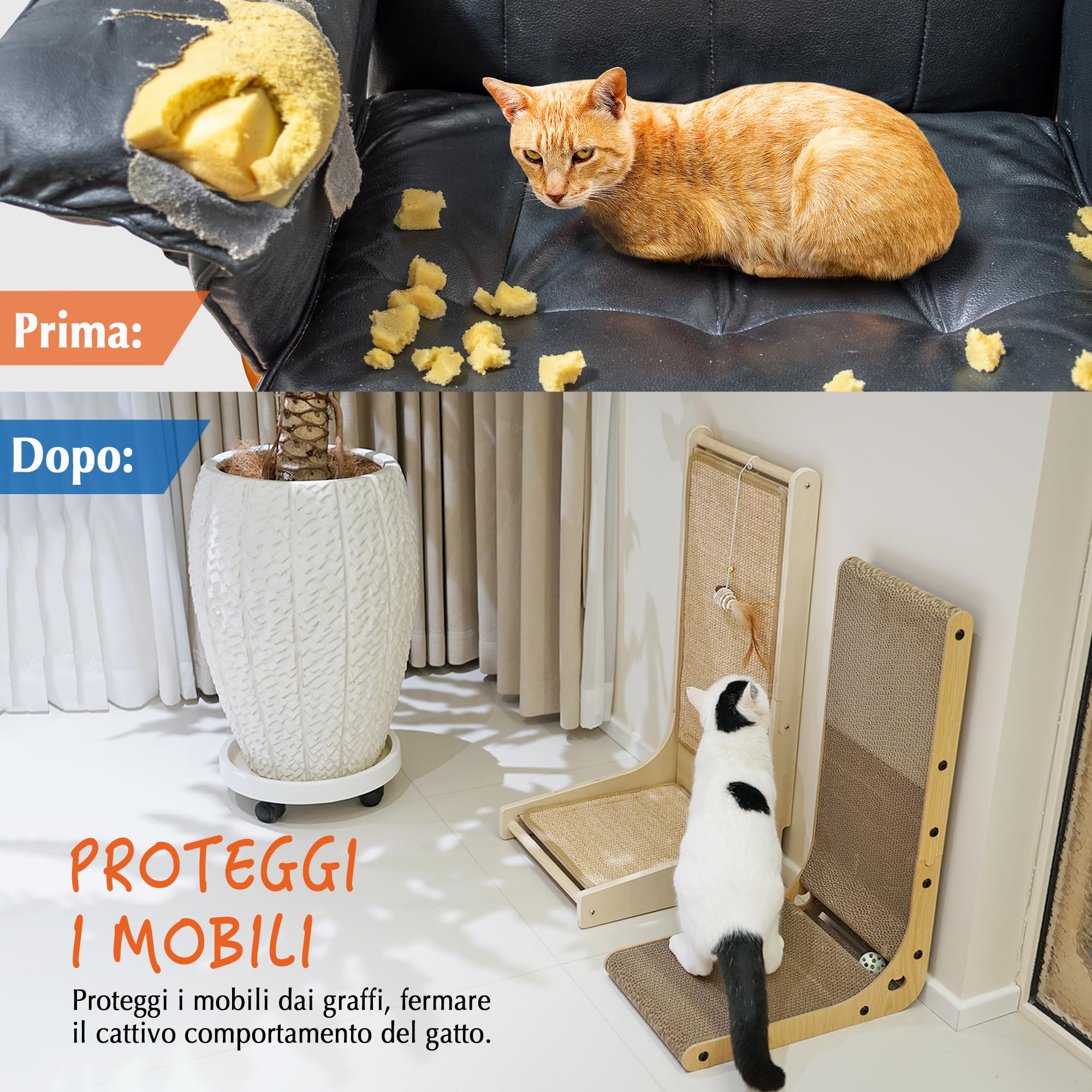 PETKARAY Tiragraffi per Gatti, Rampa in Sisal a Forma di L per Interni, Base da Pavimento con Gioco a Forma di Topo ed Erba Gatta