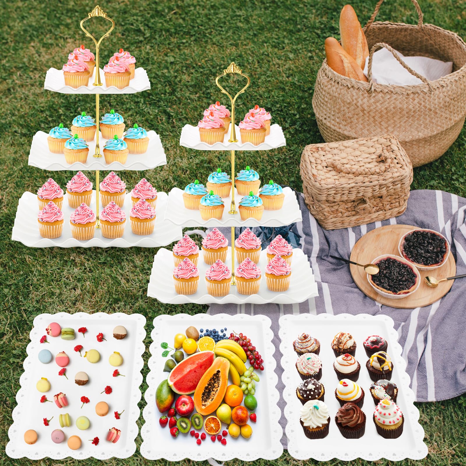 NWK 5-teiliges Cupcake-Ständer Set – 2x 3-stöckige Ständer, 3x Tabletts, Rosa, Für Partys & Feiern