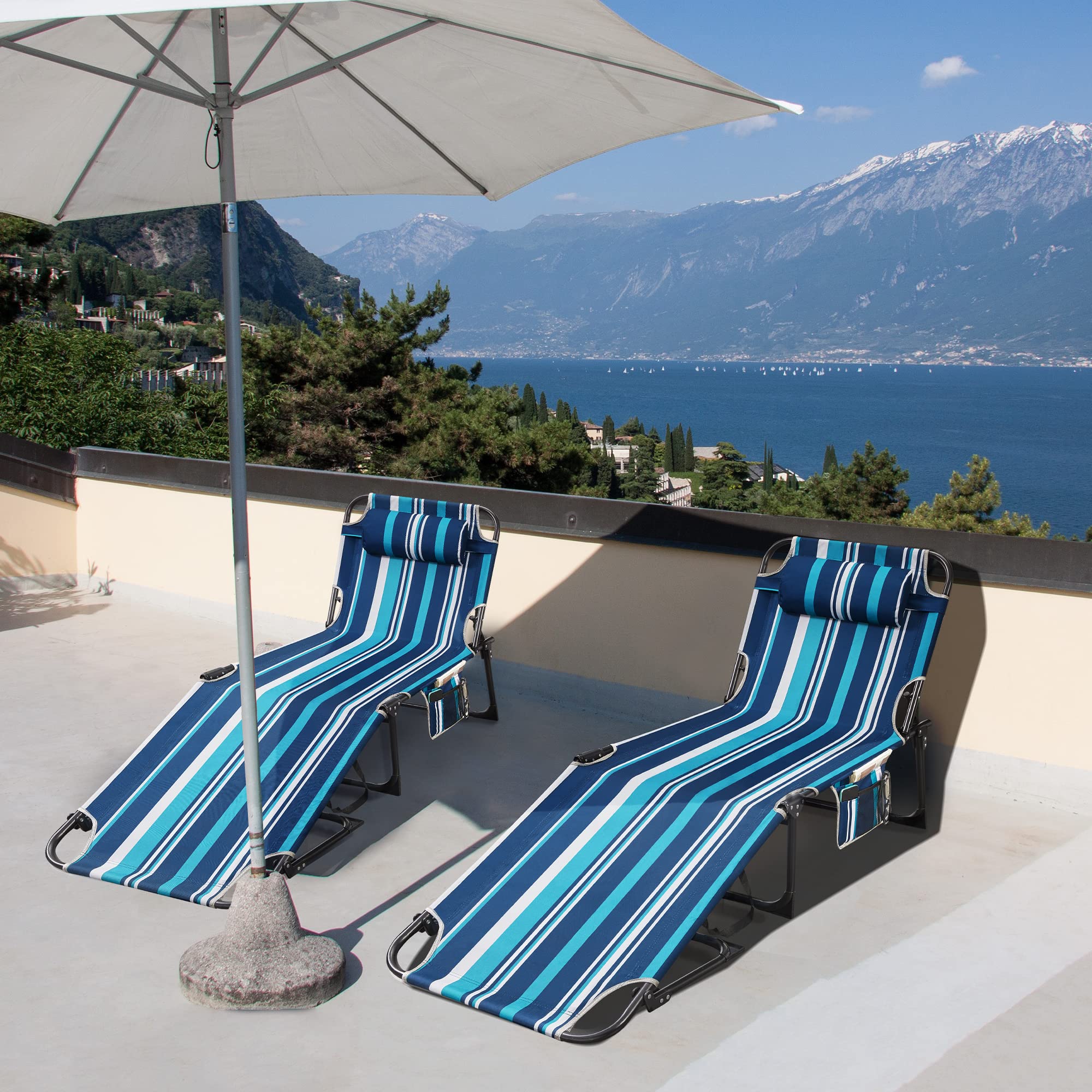 23.6" Patio Chaise Lounge Chair - Adjustable Reclining, Folding, With Pillow, Dark Blue, For Beach, Pool, Lawn